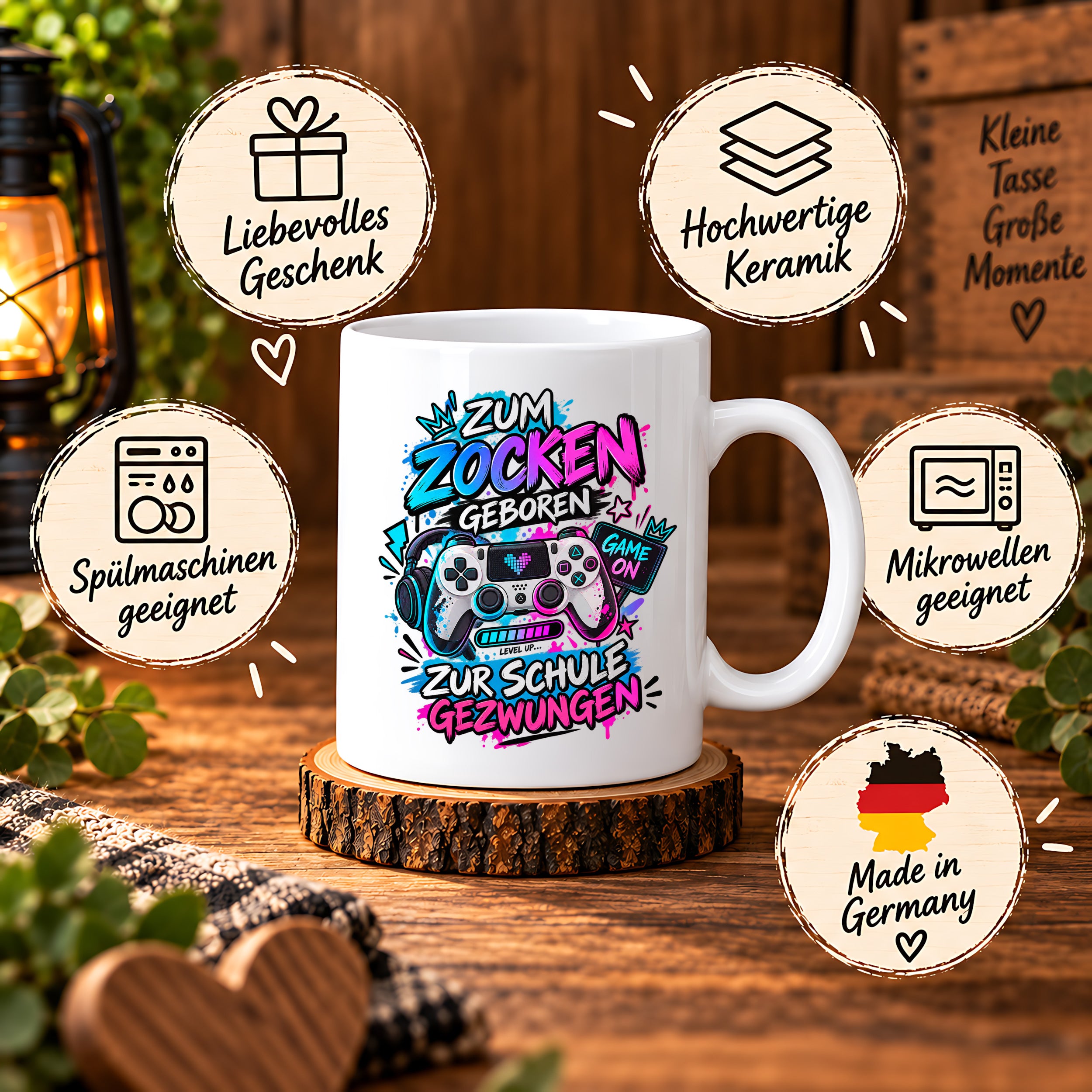 Herzbotschaft Tasse Zum Zocken geboren zur Schule gezwungen Gamertasse