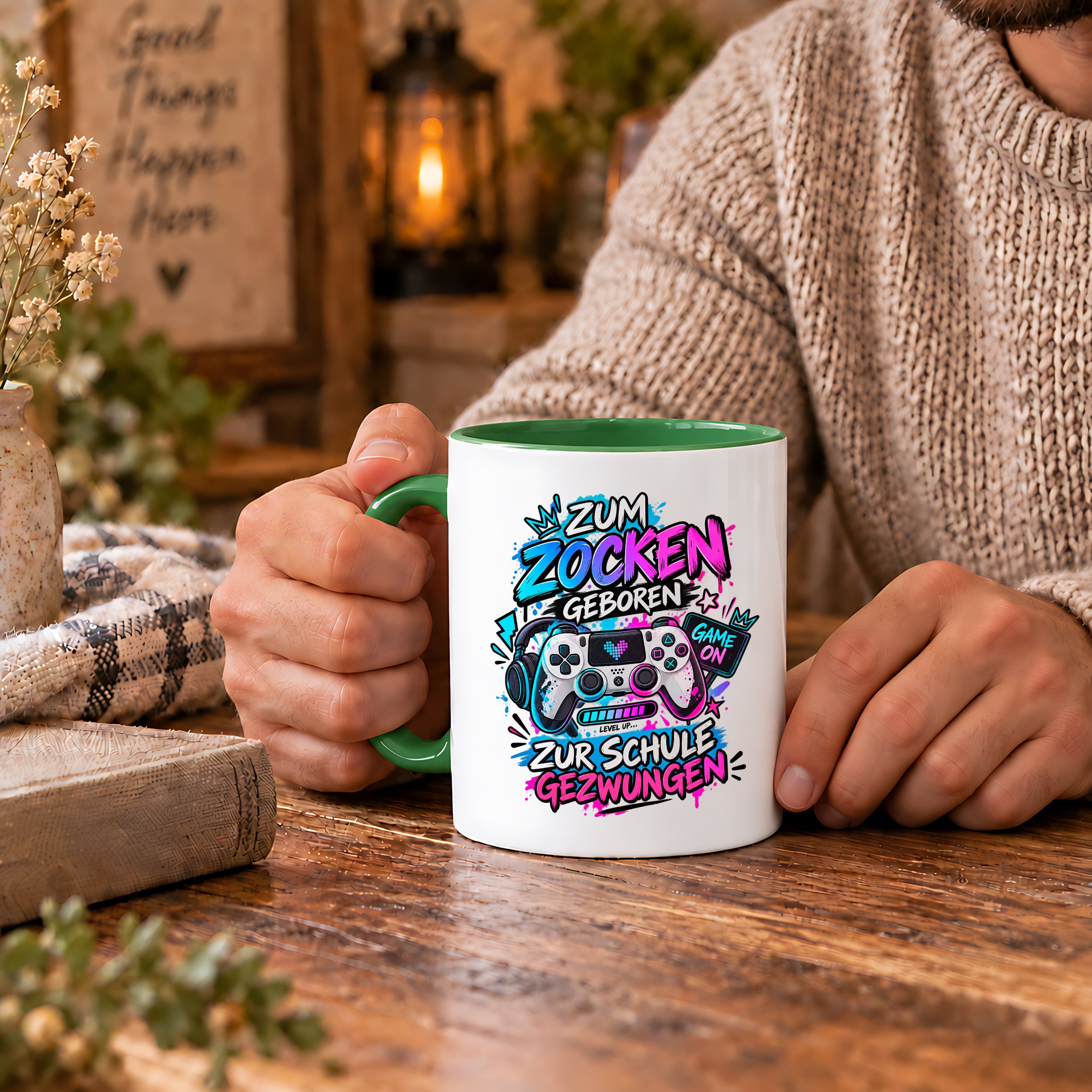 Herzbotschaft Tasse Zum Zocken geboren zur Schule gezwungen Gamertasse
