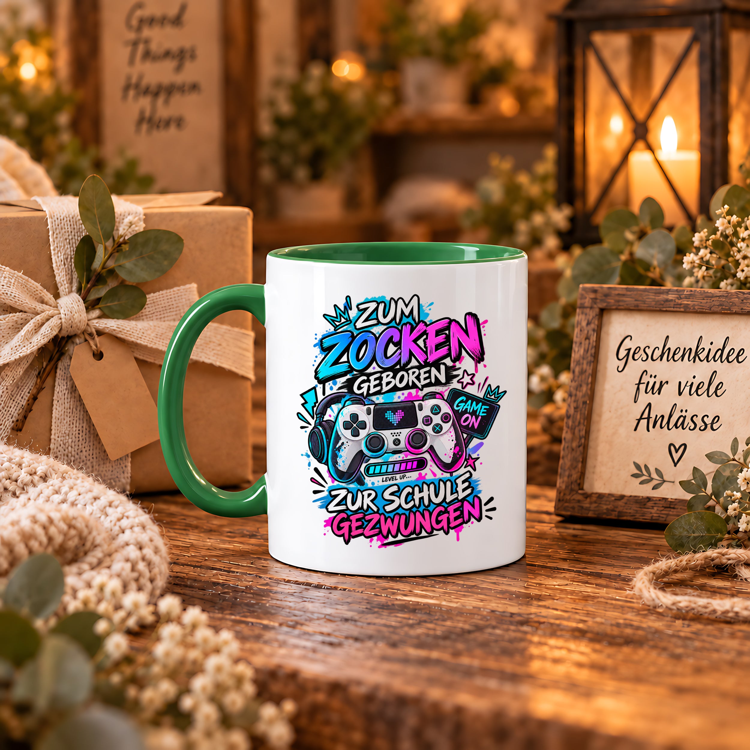 Herzbotschaft Tasse Zum Zocken geboren zur Schule gezwungen Gamertasse