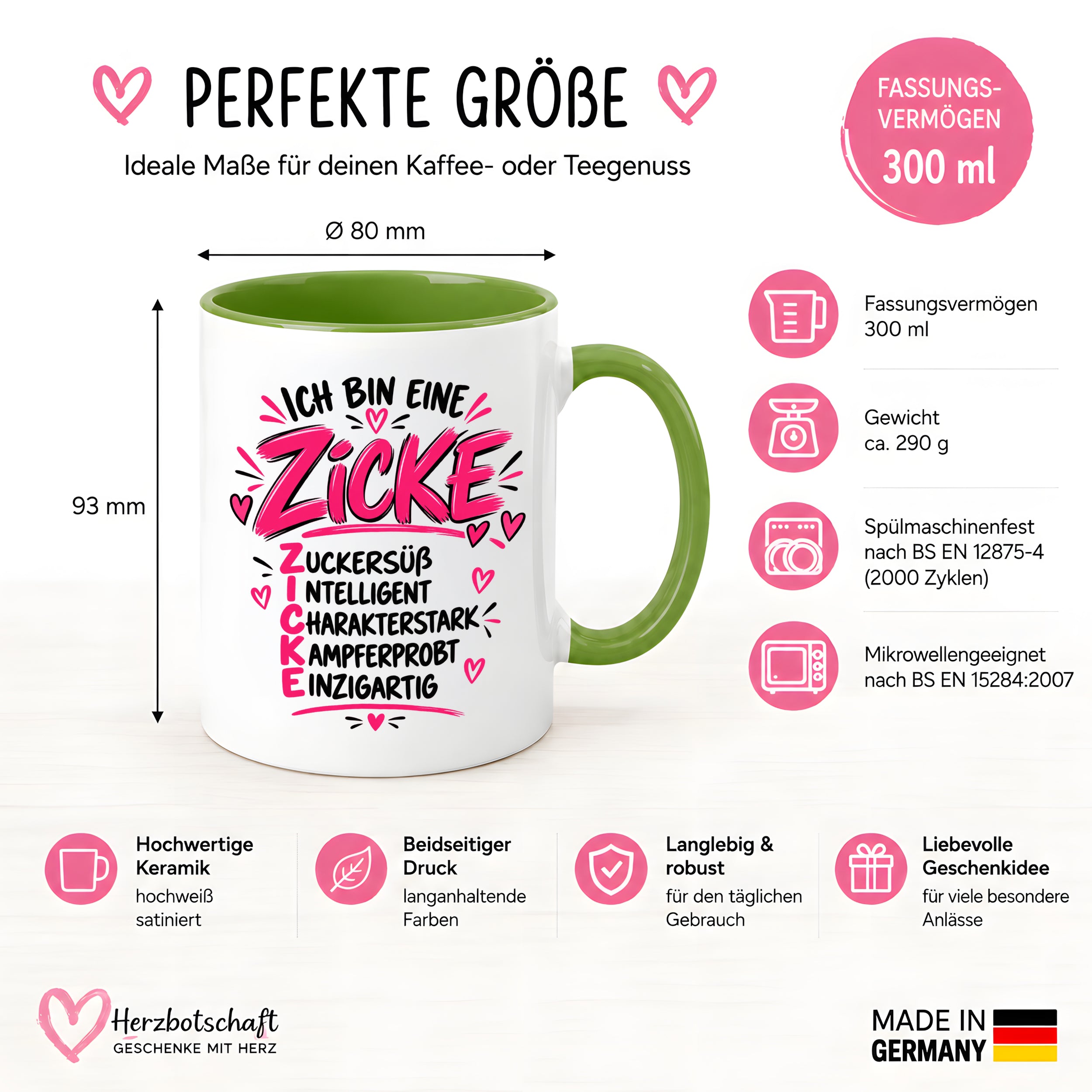 Herzbotschaft Tasse Zicke Zuckersüß Intelligent Geschenk 330 ml