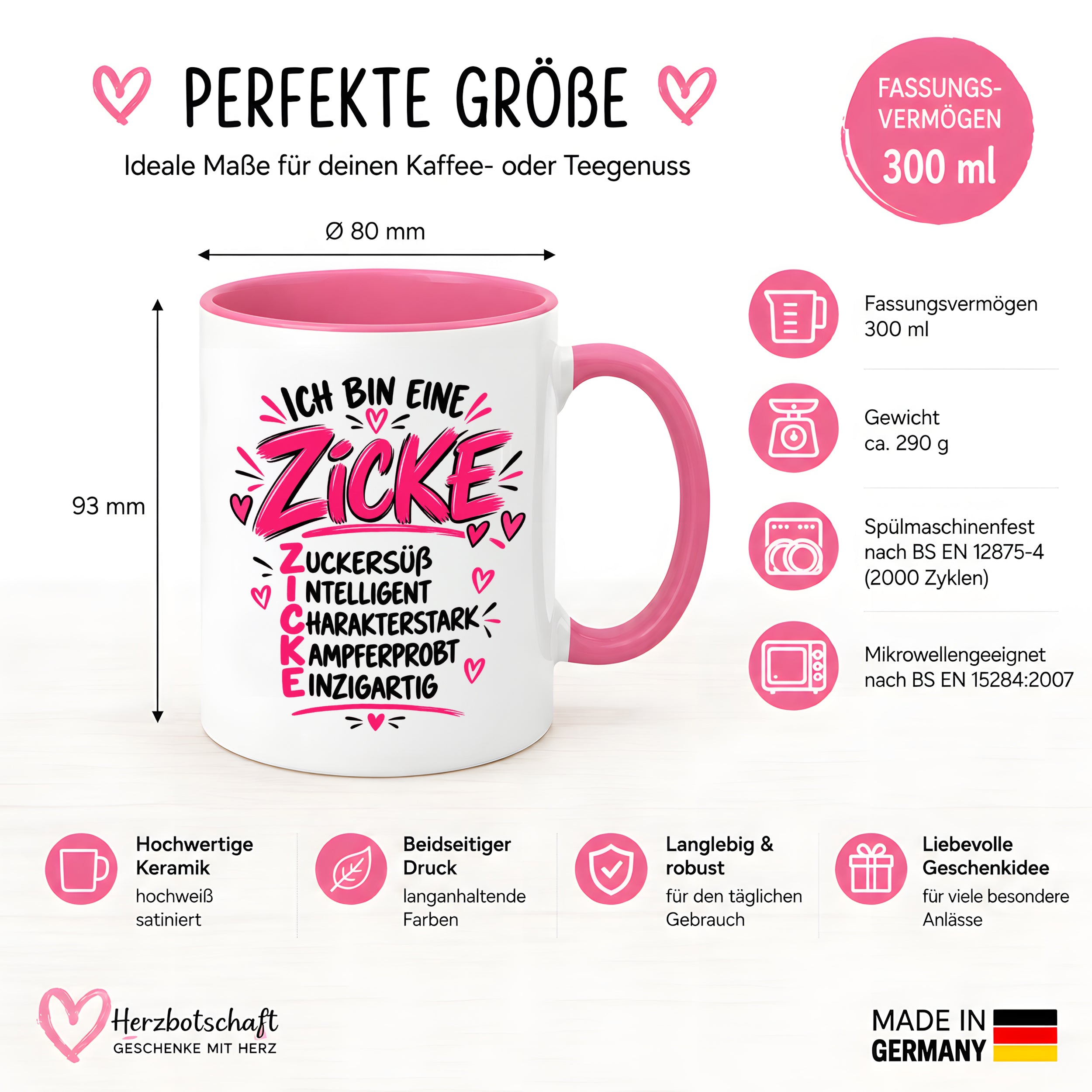Herzbotschaft Tasse Zicke Zuckersüß Intelligent Geschenk 330 ml