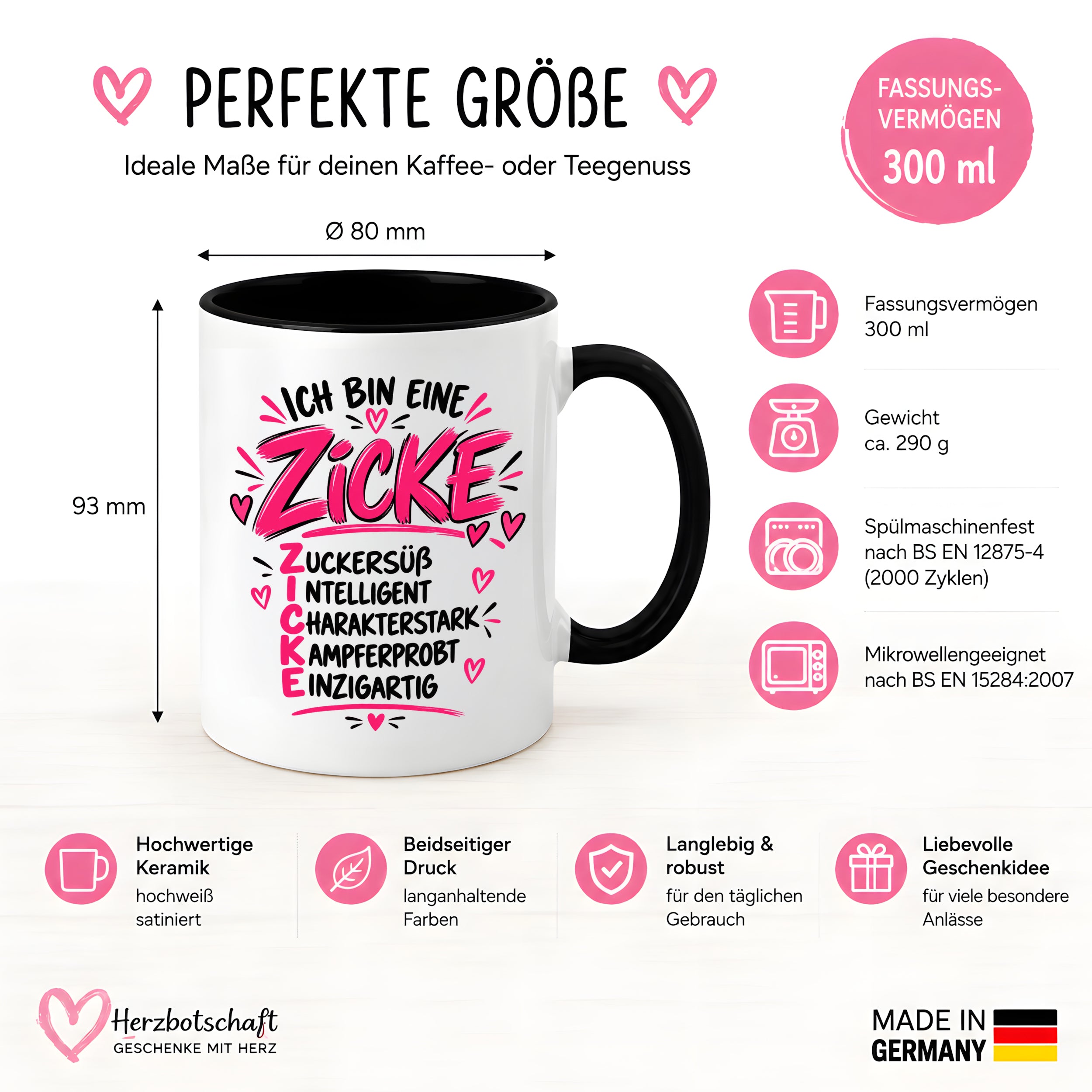 Herzbotschaft Tasse Zicke Zuckersüß Intelligent Geschenk 330 ml