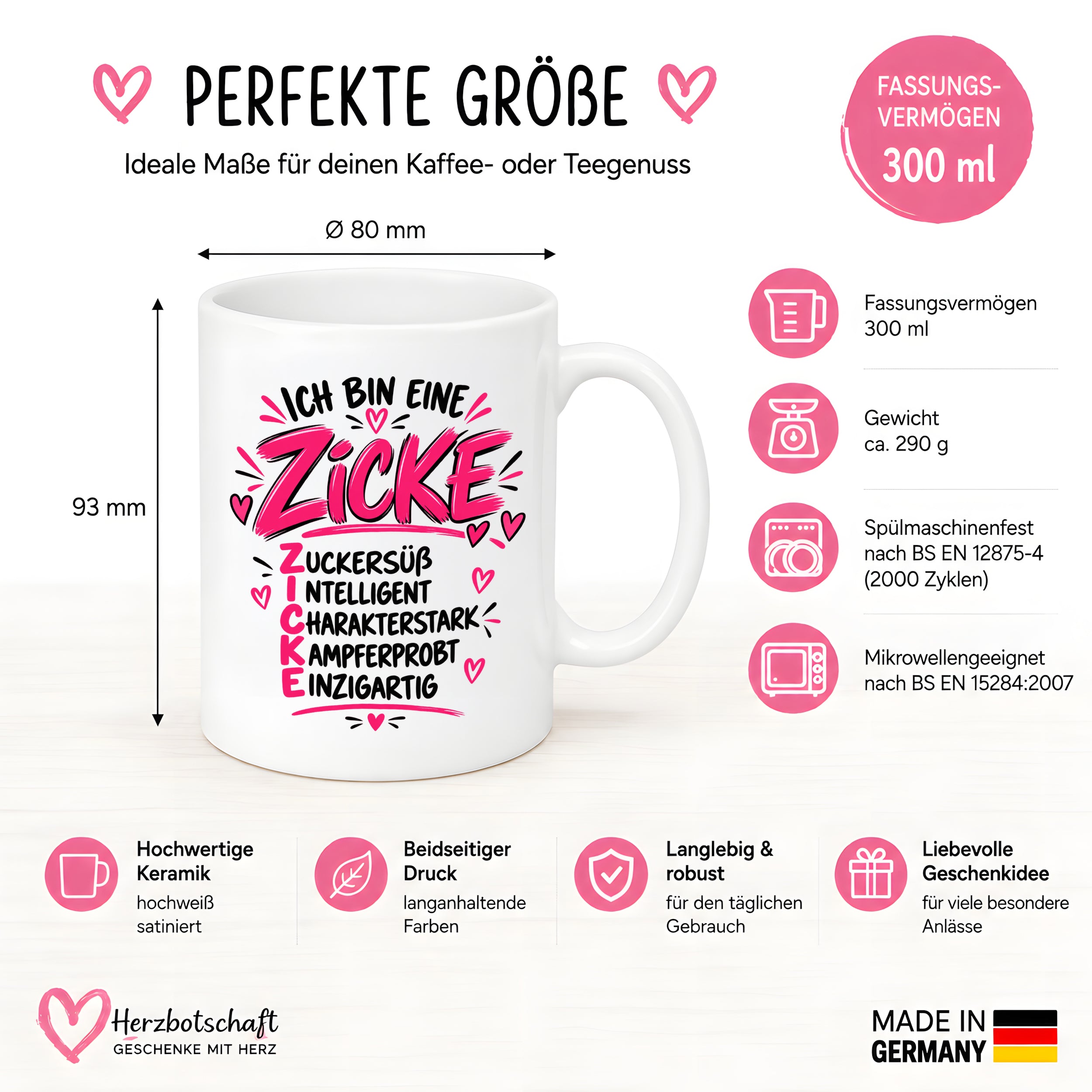 Herzbotschaft Tasse Zicke Zuckersüß Intelligent Geschenk 330 ml