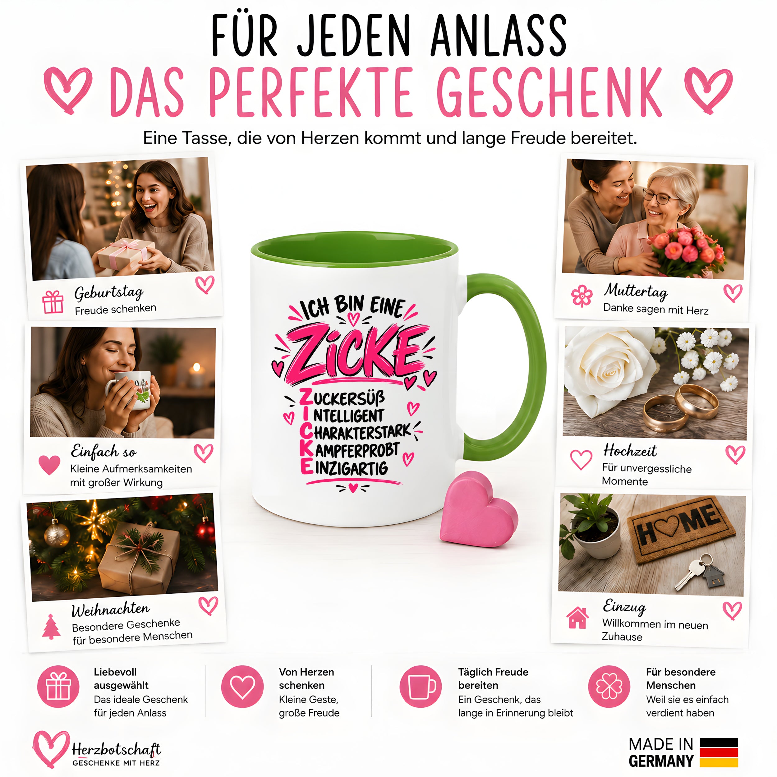Herzbotschaft Tasse Zicke Zuckersüß Intelligent Geschenk 330 ml