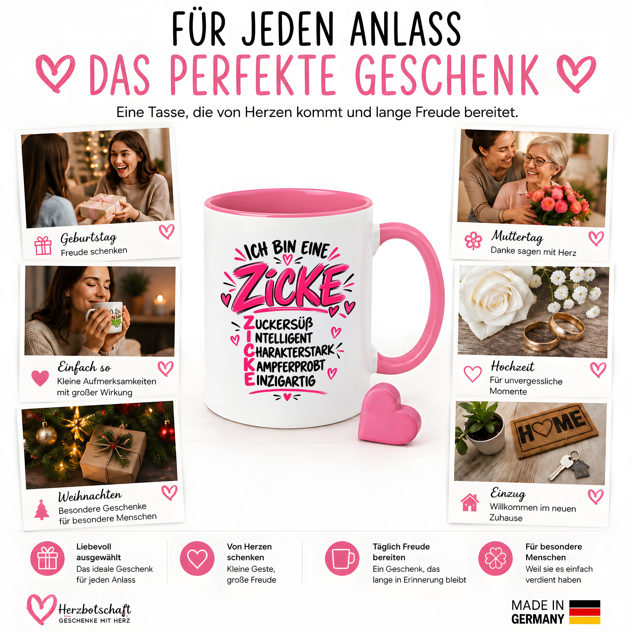 Herzbotschaft Tasse Zicke Zuckersüß Intelligent Geschenk 330 ml