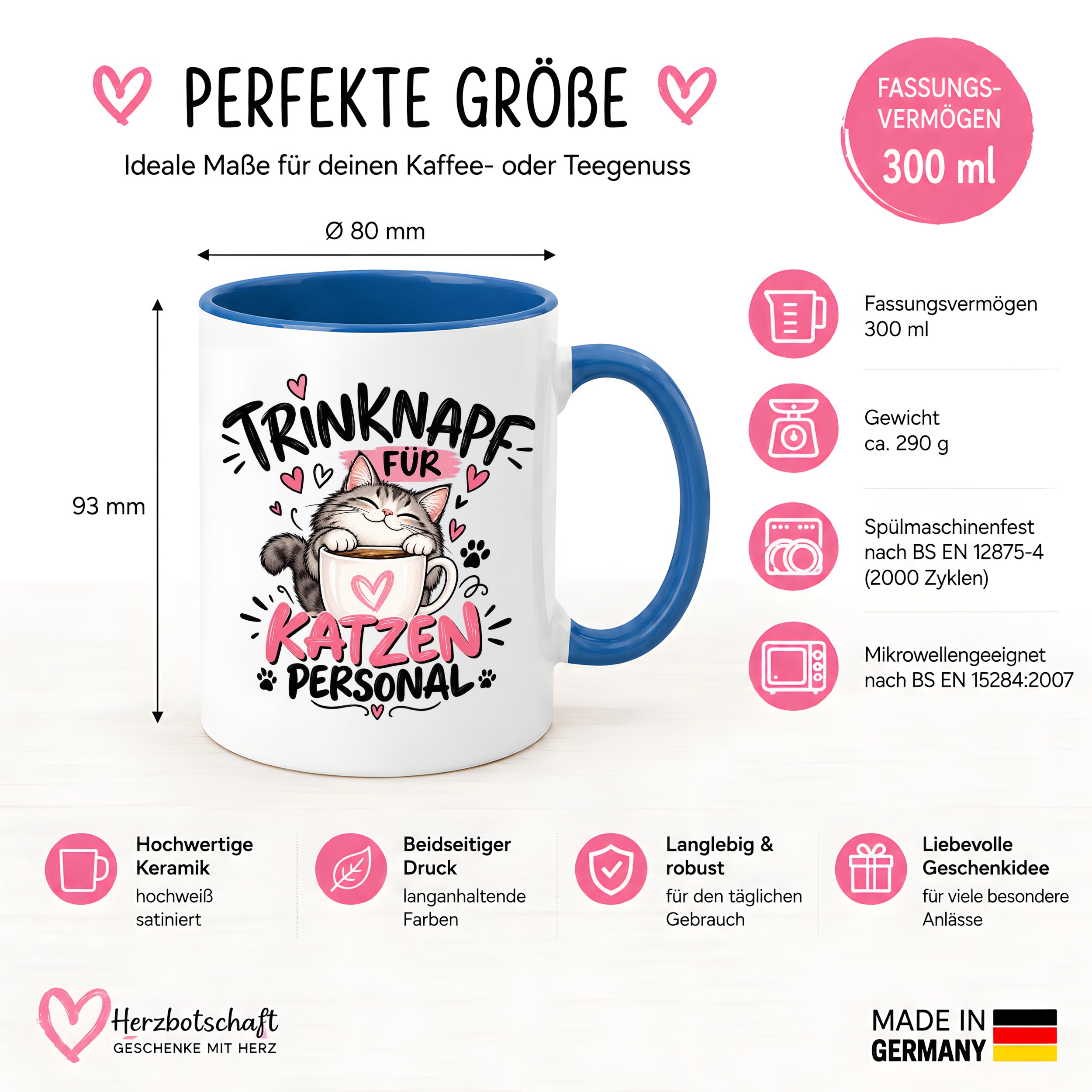 Herzbotschaft Tasse Katzenpersonal Trinknapf Katzen Geschenk 330 ml
