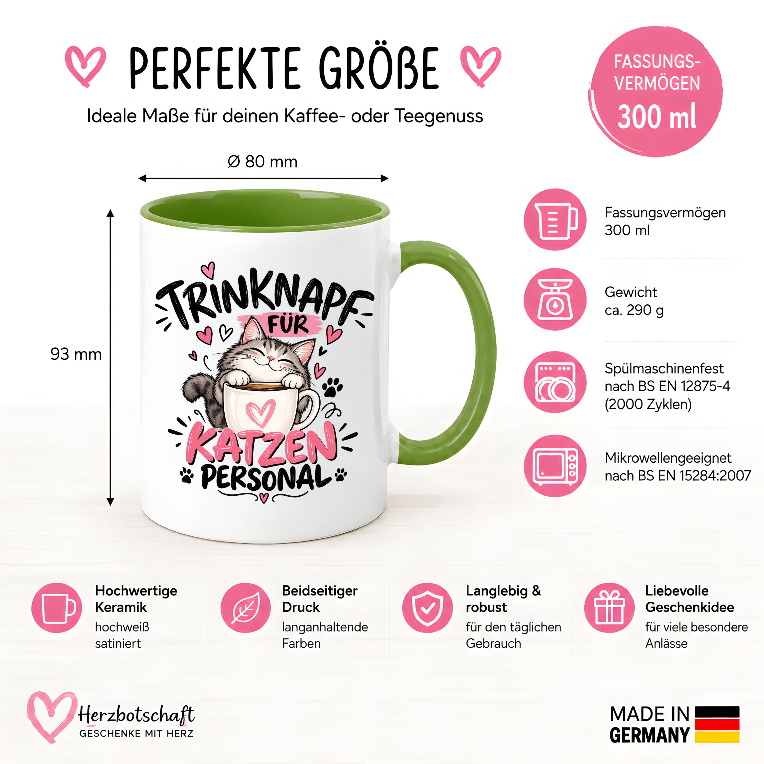 Herzbotschaft Tasse Katzenpersonal Trinknapf Katzen Geschenk 330 ml