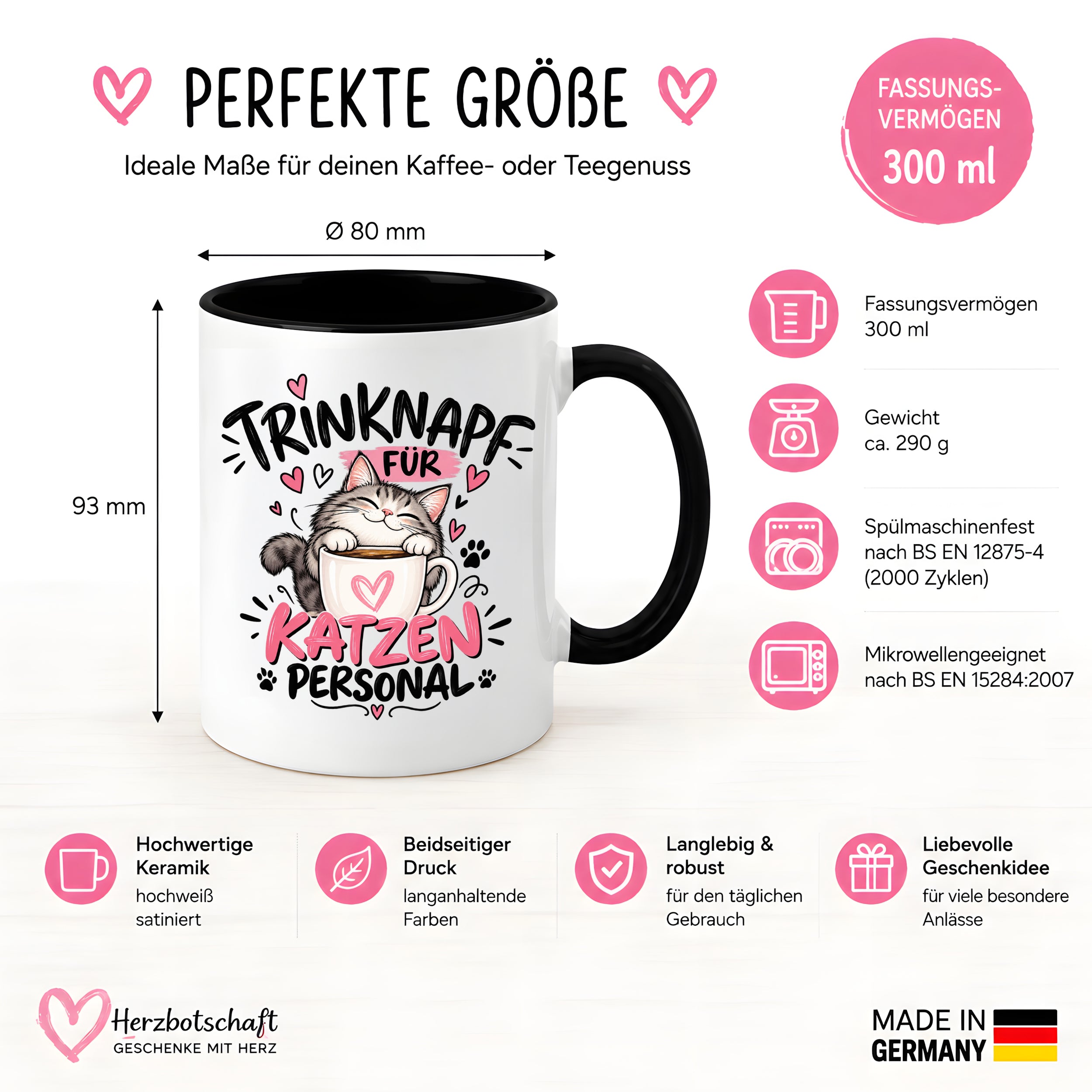 Herzbotschaft Tasse Katzenpersonal Trinknapf Katzen Geschenk 330 ml