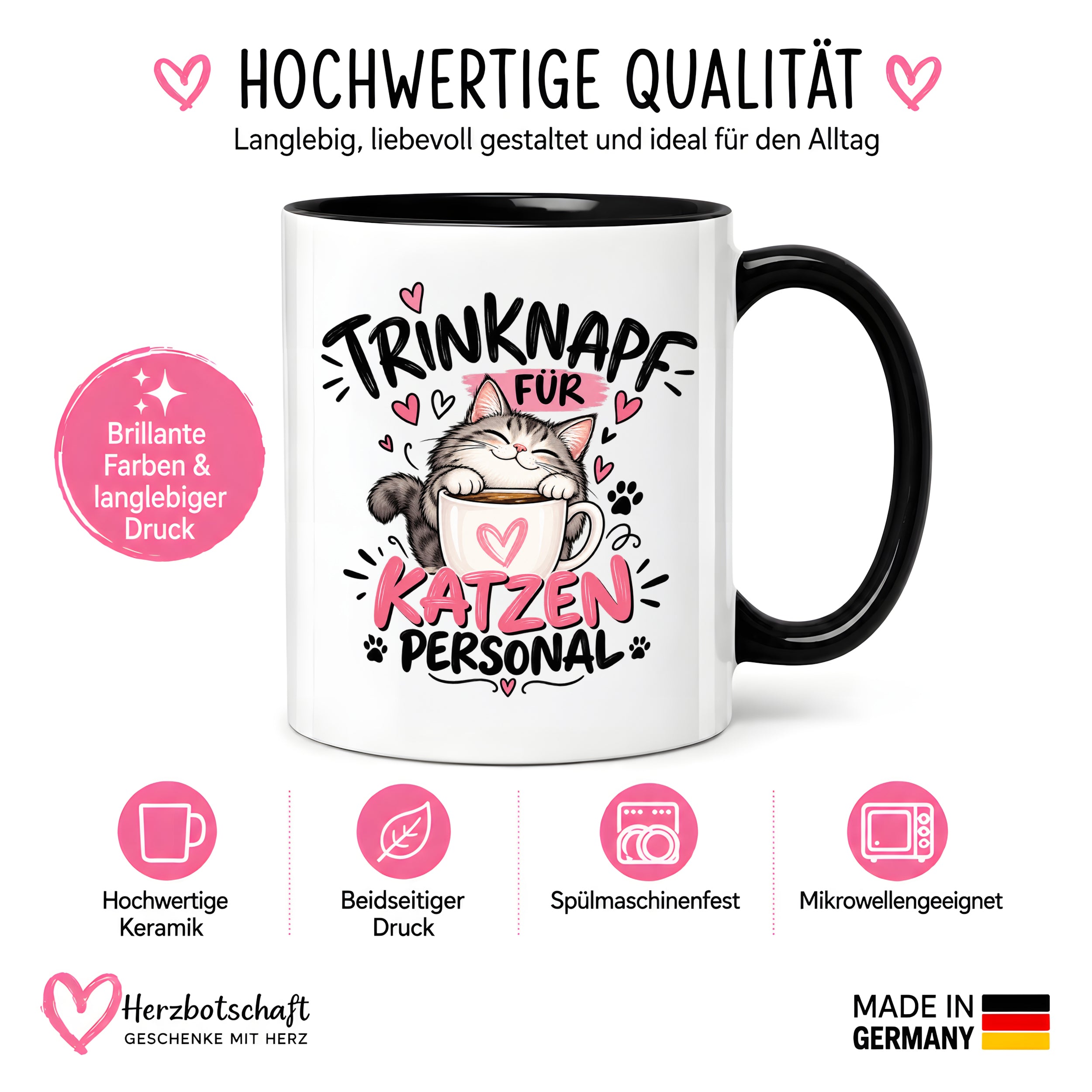 Herzbotschaft Tasse Katzenpersonal Trinknapf Katzen Geschenk 330 ml