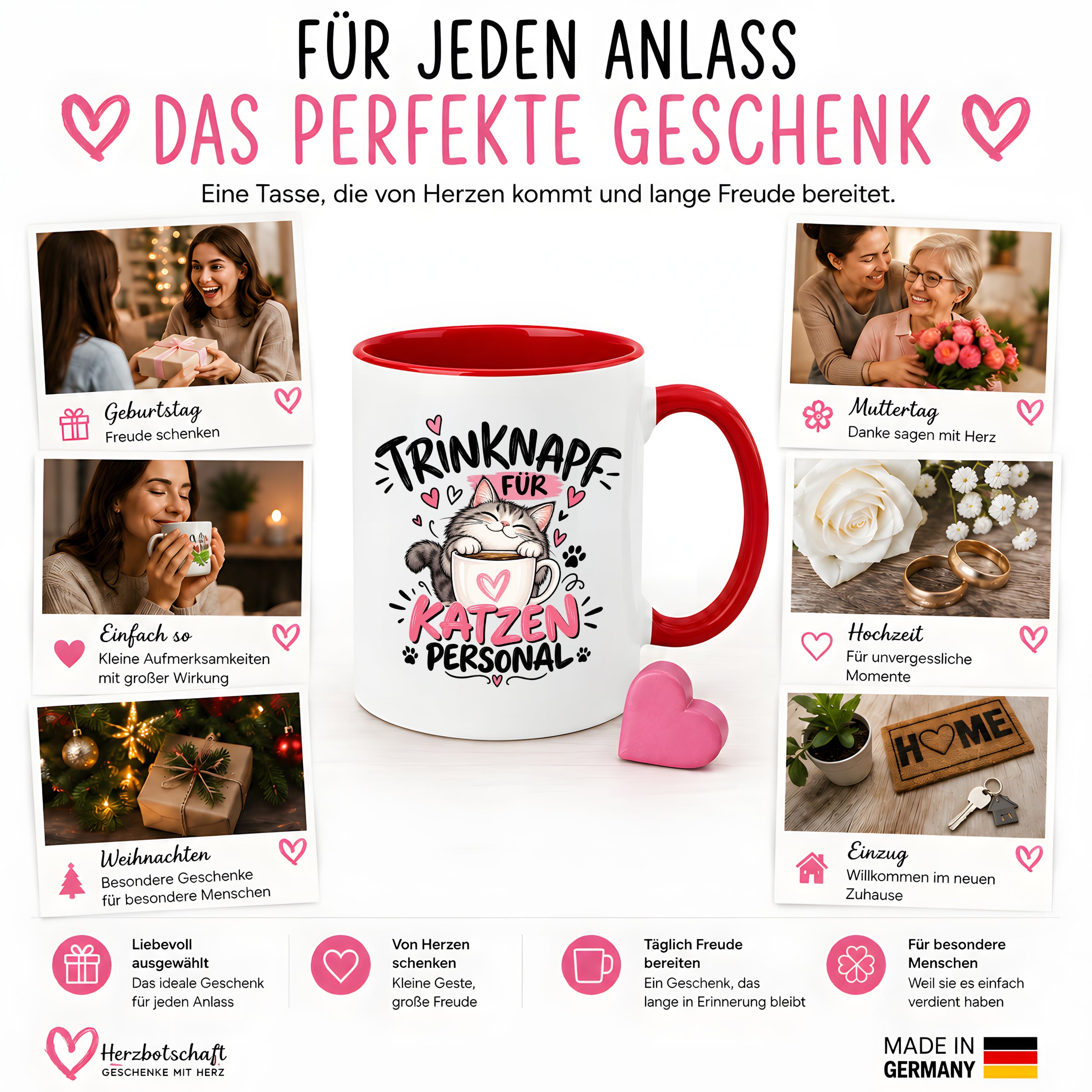 Herzbotschaft Tasse Katzenpersonal Trinknapf Katzen Geschenk 330 ml