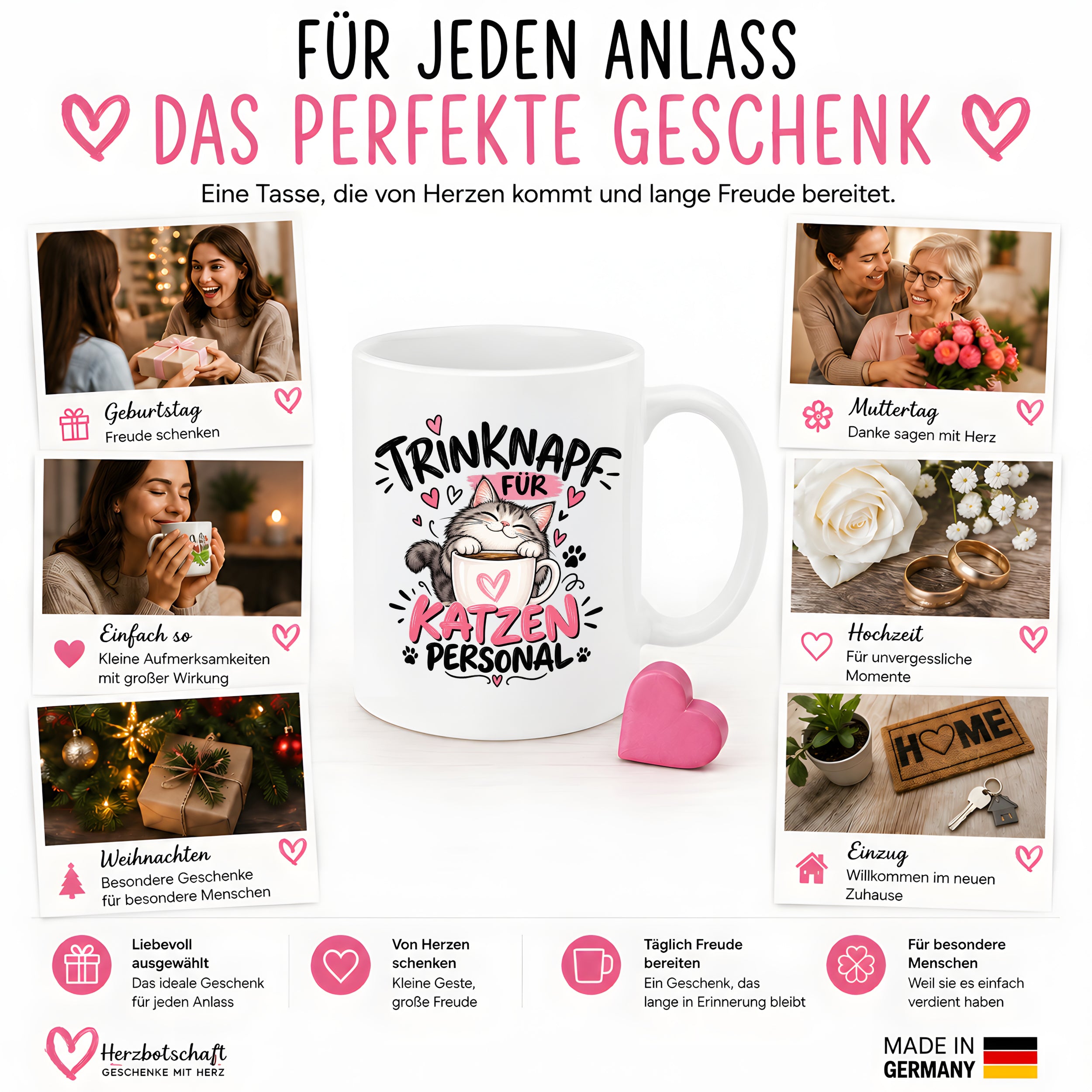 Herzbotschaft Tasse Katzenpersonal Trinknapf Katzen Geschenk 330 ml