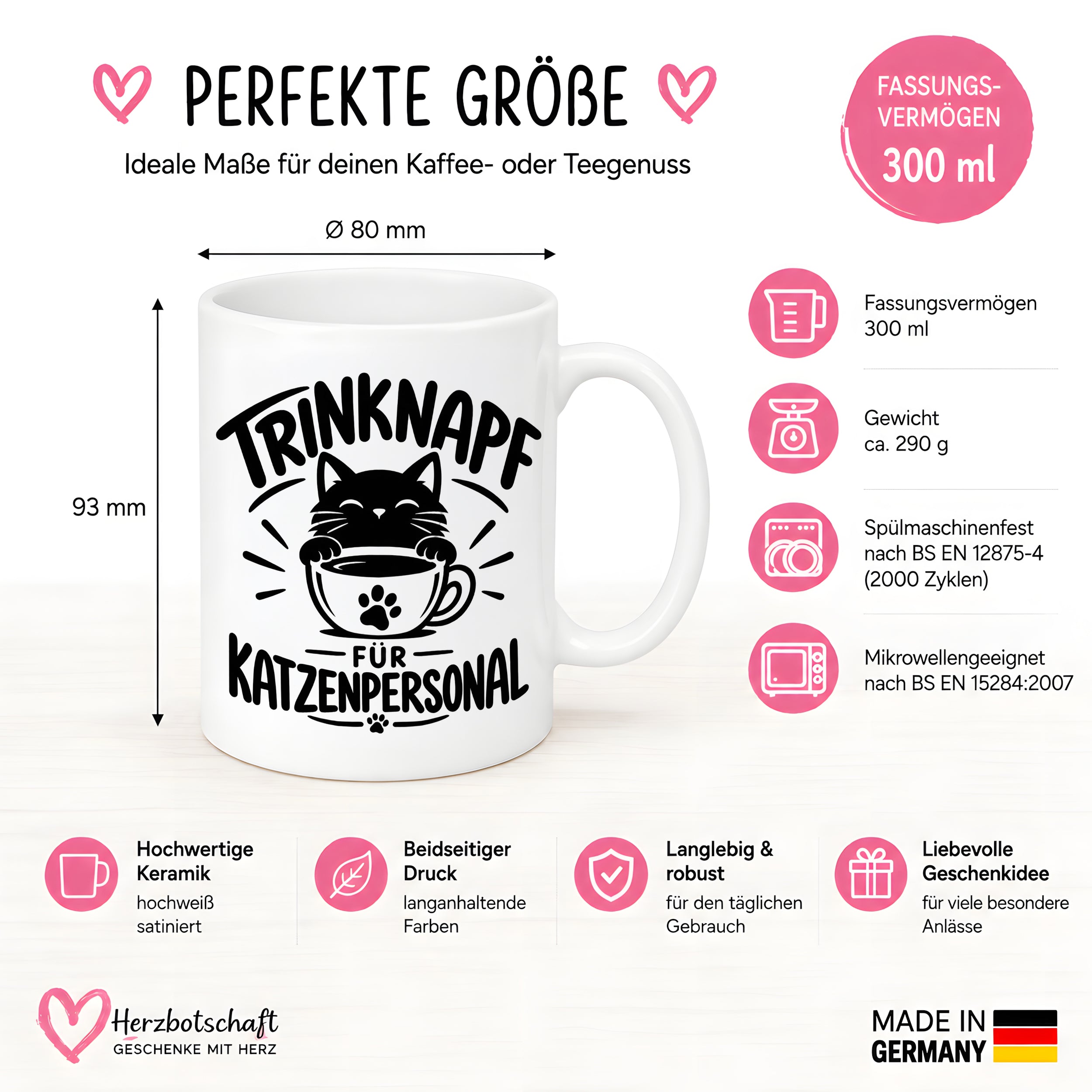 Herzbotschaft Tasse Katzenpersonal Trinknapf Katzen Geschenk 330 ml