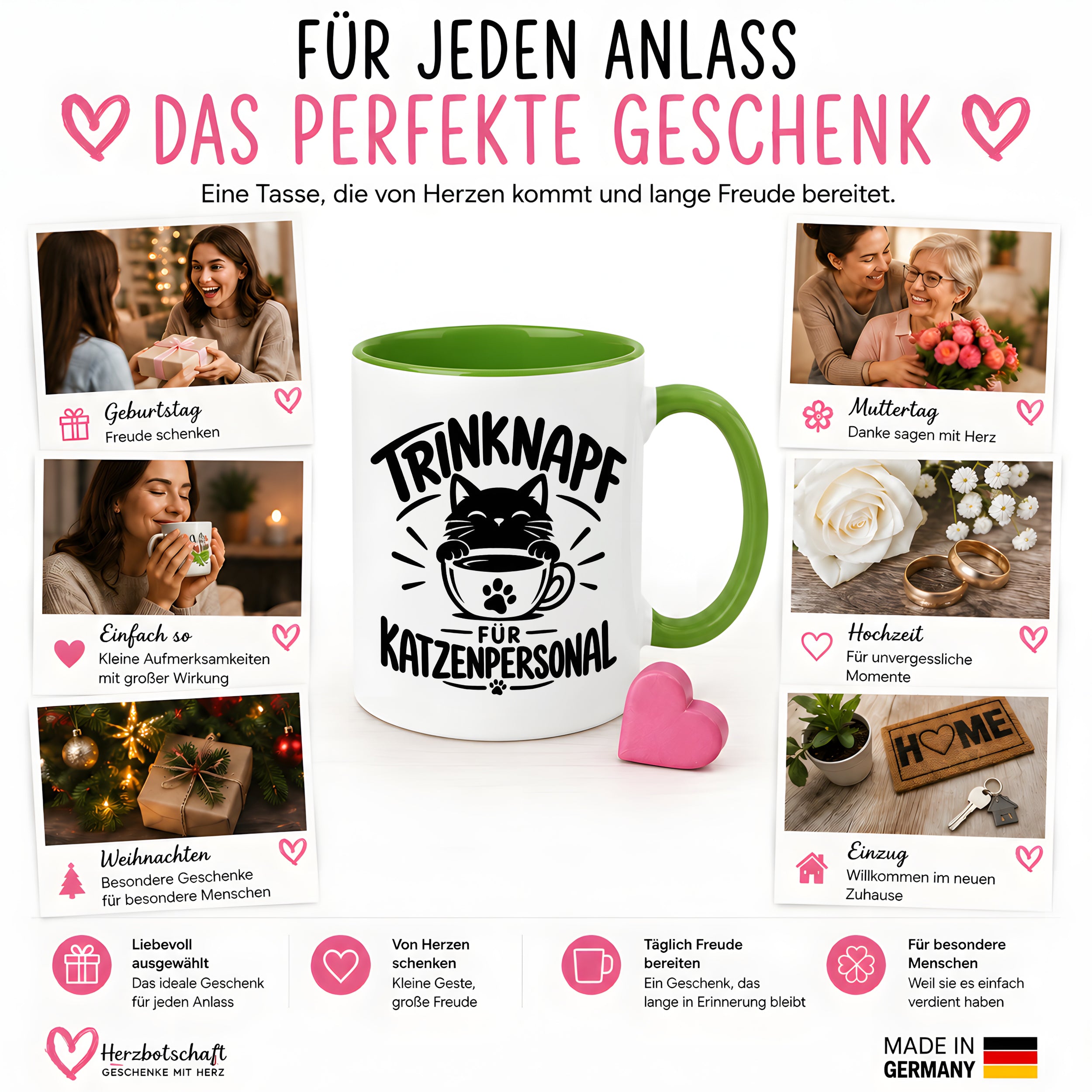 Herzbotschaft Tasse Katzenpersonal Trinknapf Katzen Geschenk 330 ml