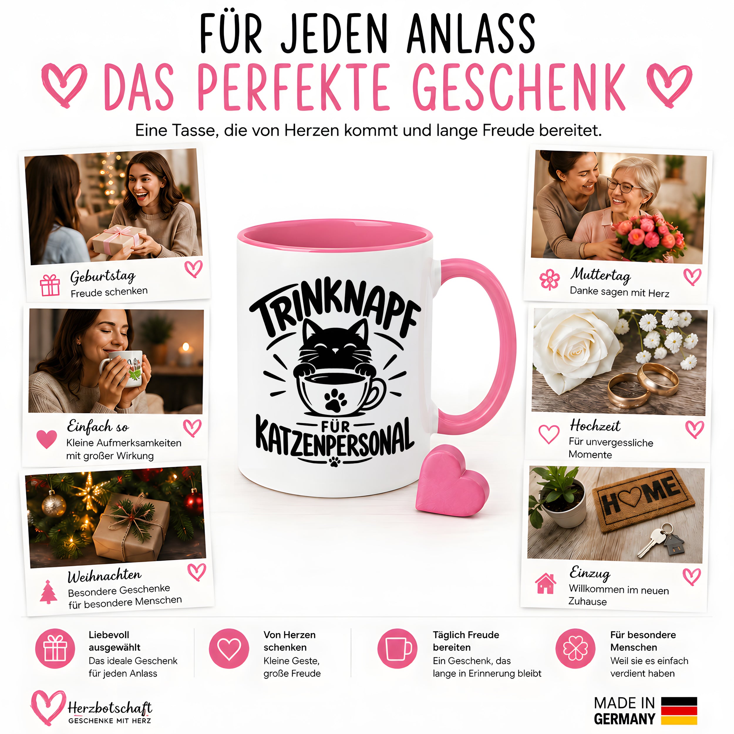 Herzbotschaft Tasse Katzenpersonal Trinknapf Katzen Geschenk 330 ml