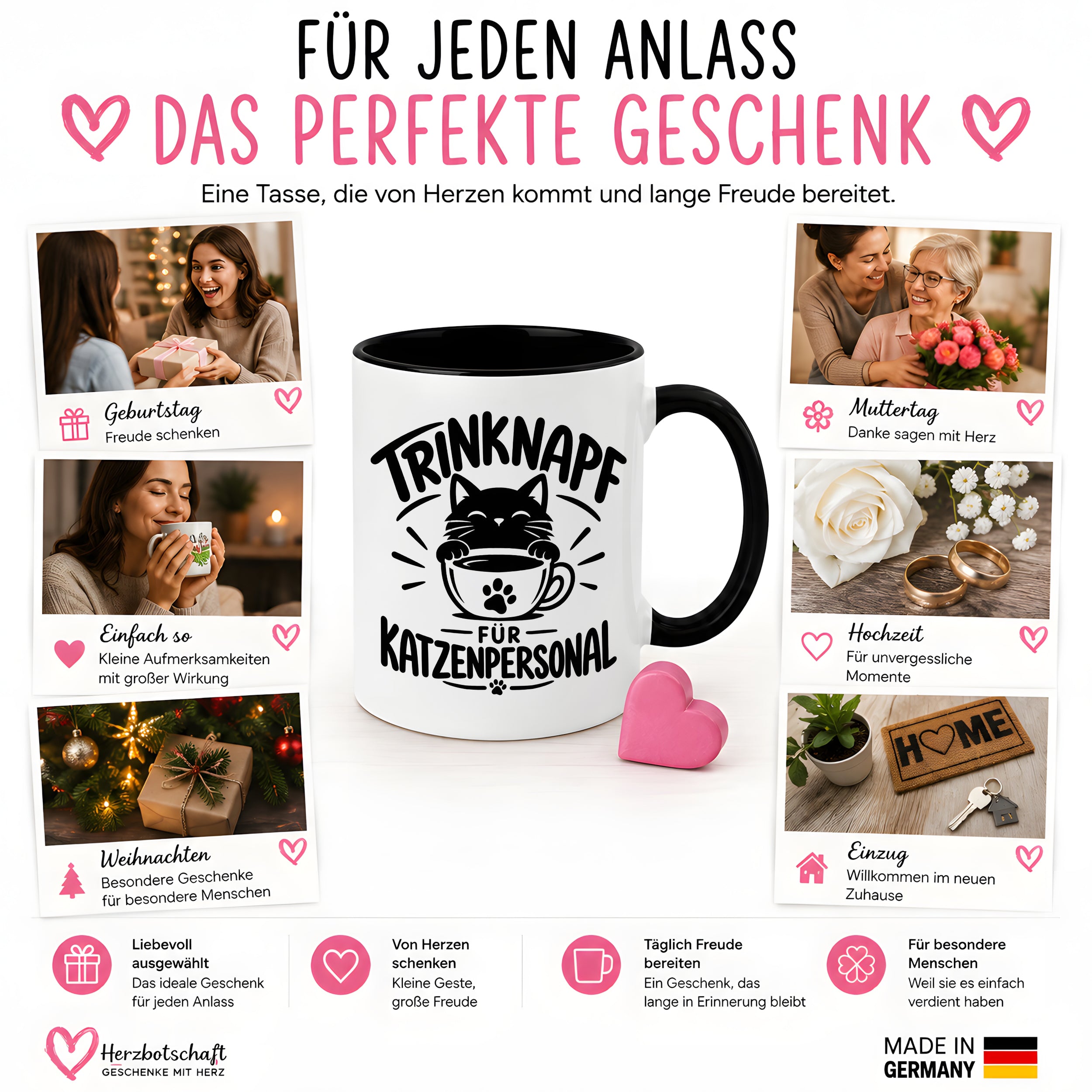 Herzbotschaft Tasse Katzenpersonal Trinknapf Katzen Geschenk 330 ml