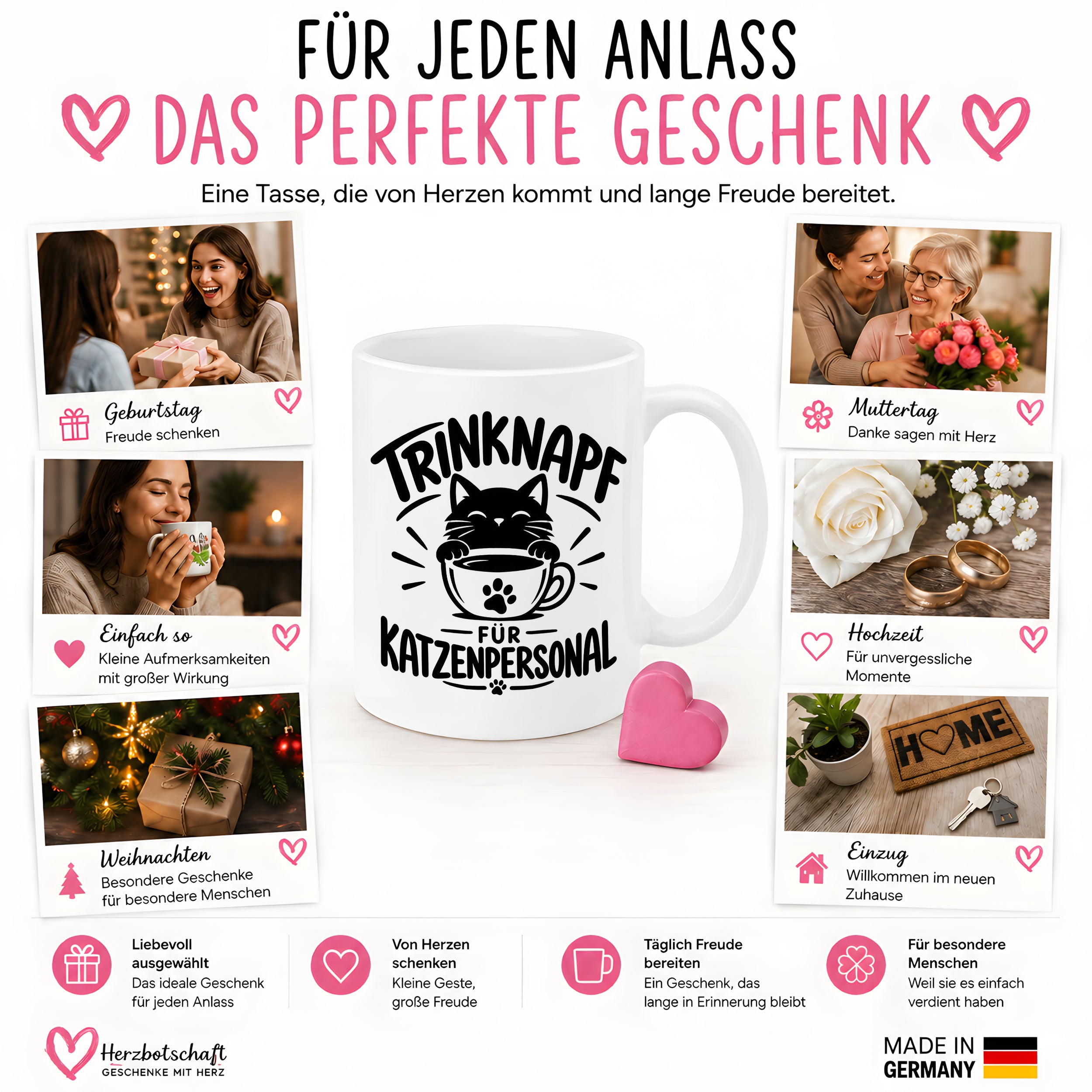 Herzbotschaft Tasse Katzenpersonal Trinknapf Katzen Geschenk 330 ml