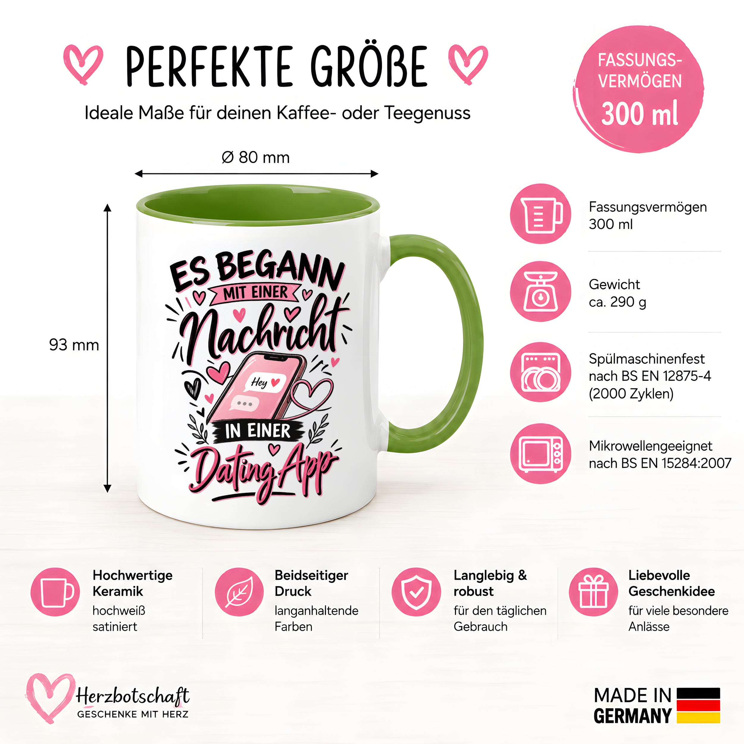 Herzbotschaft Tasse Dating App Liebe Geschenk Partner 330 ml