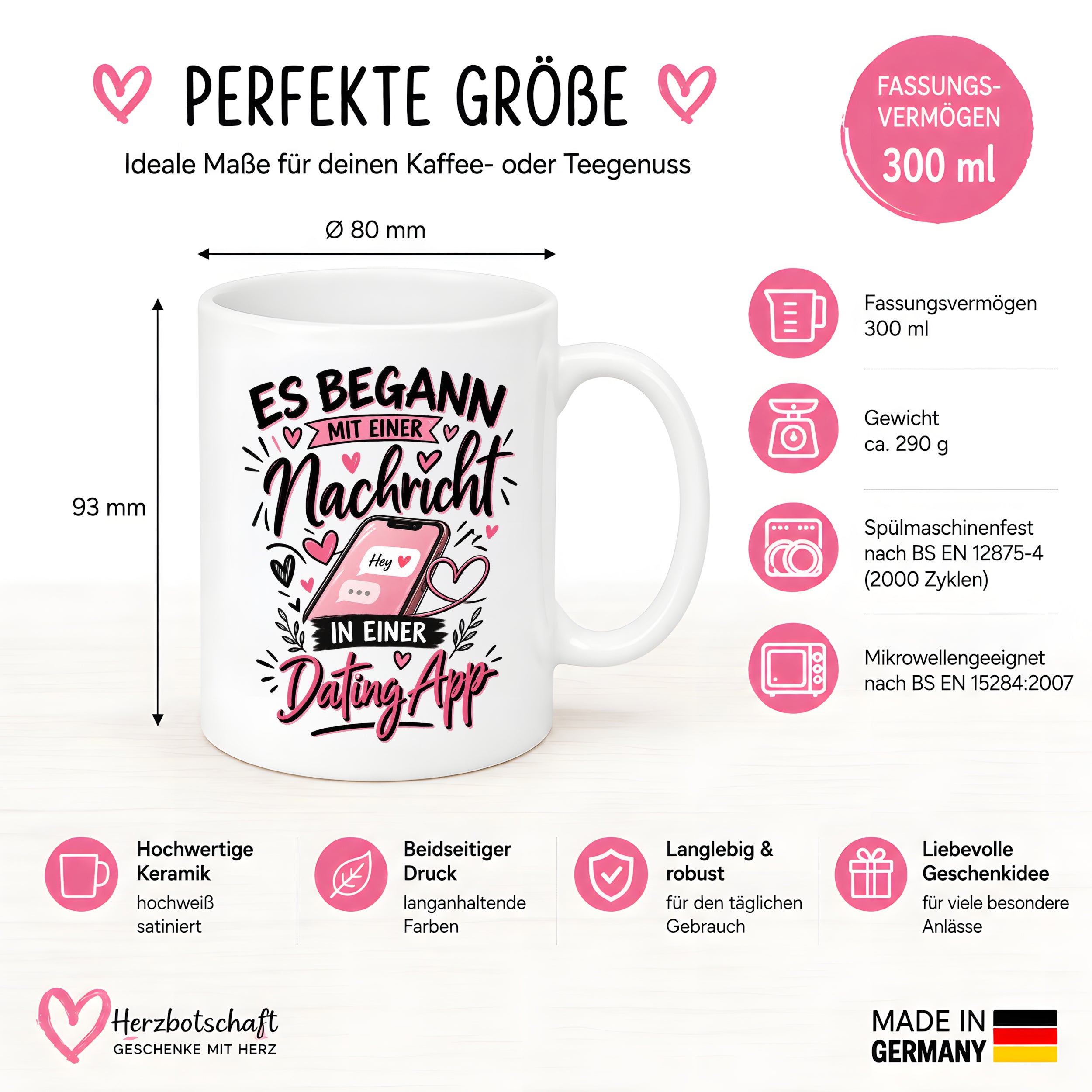 Herzbotschaft Tasse Dating App Liebe Geschenk Partner 330 ml