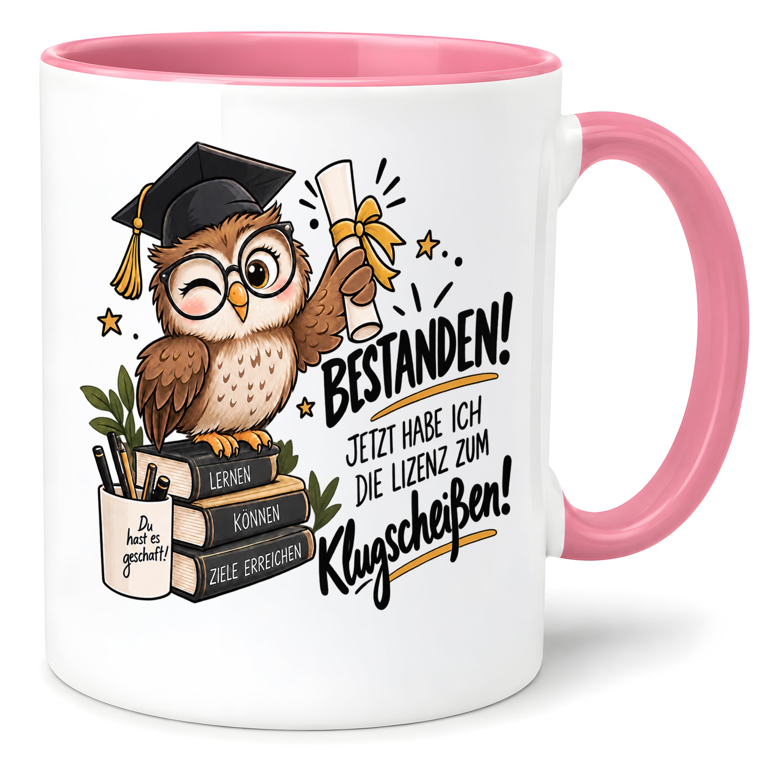 Herzbotschaft Tasse Prüfung bestanden Klugscheißen Geschenk 330 ml