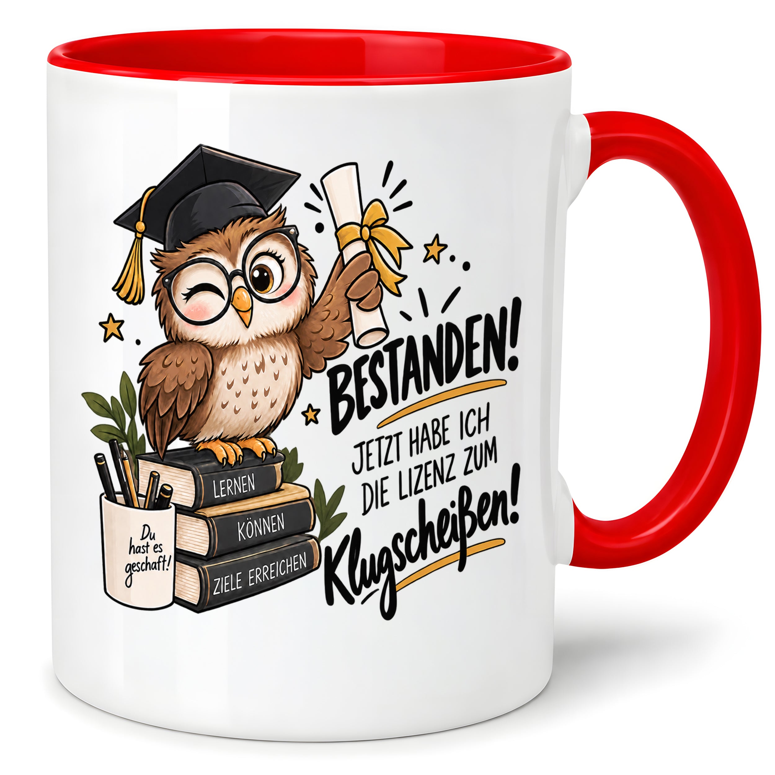 Herzbotschaft Tasse Prüfung bestanden Klugscheißen Geschenk 330 ml