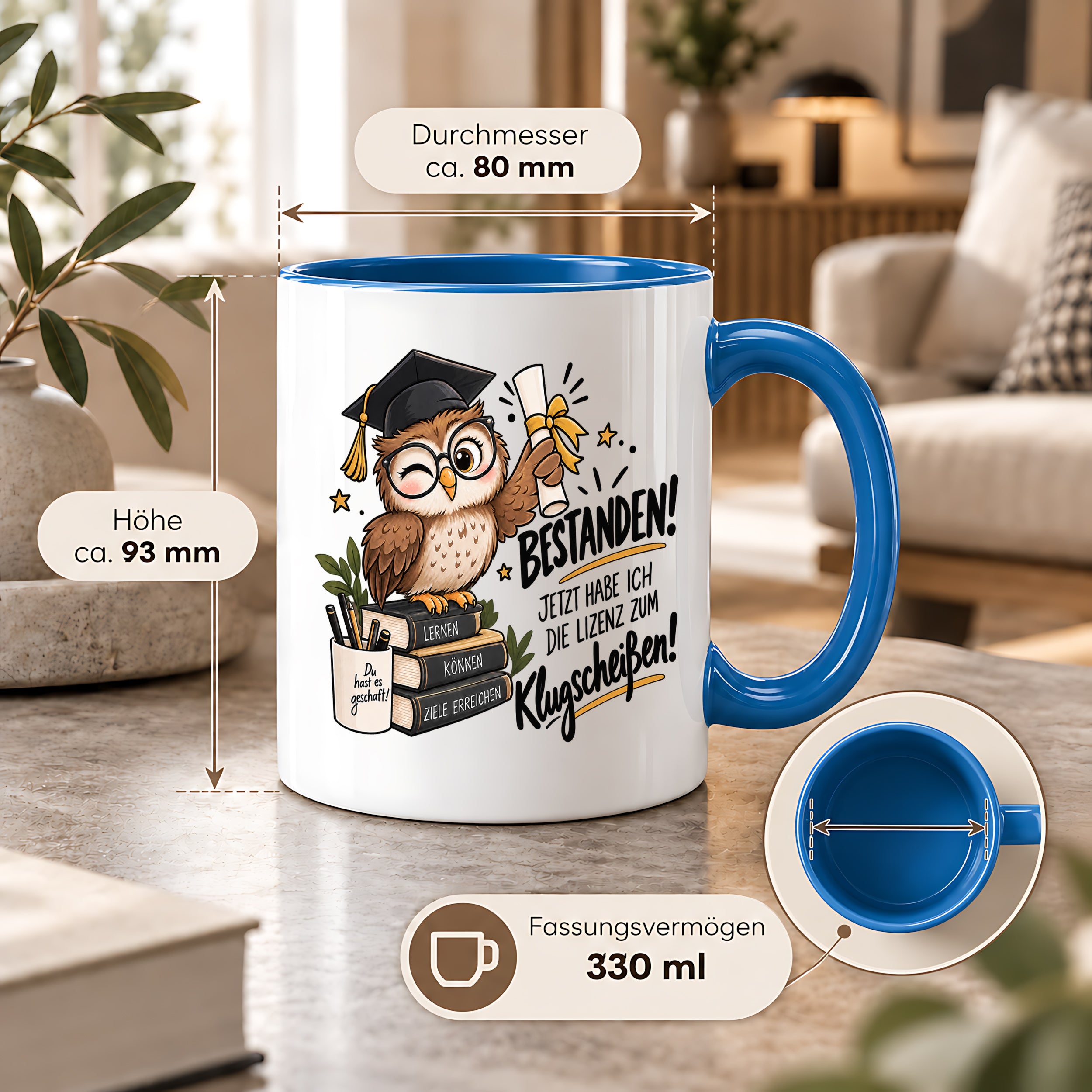 Herzbotschaft Tasse Prüfung bestanden Klugscheißen Geschenk 330 ml