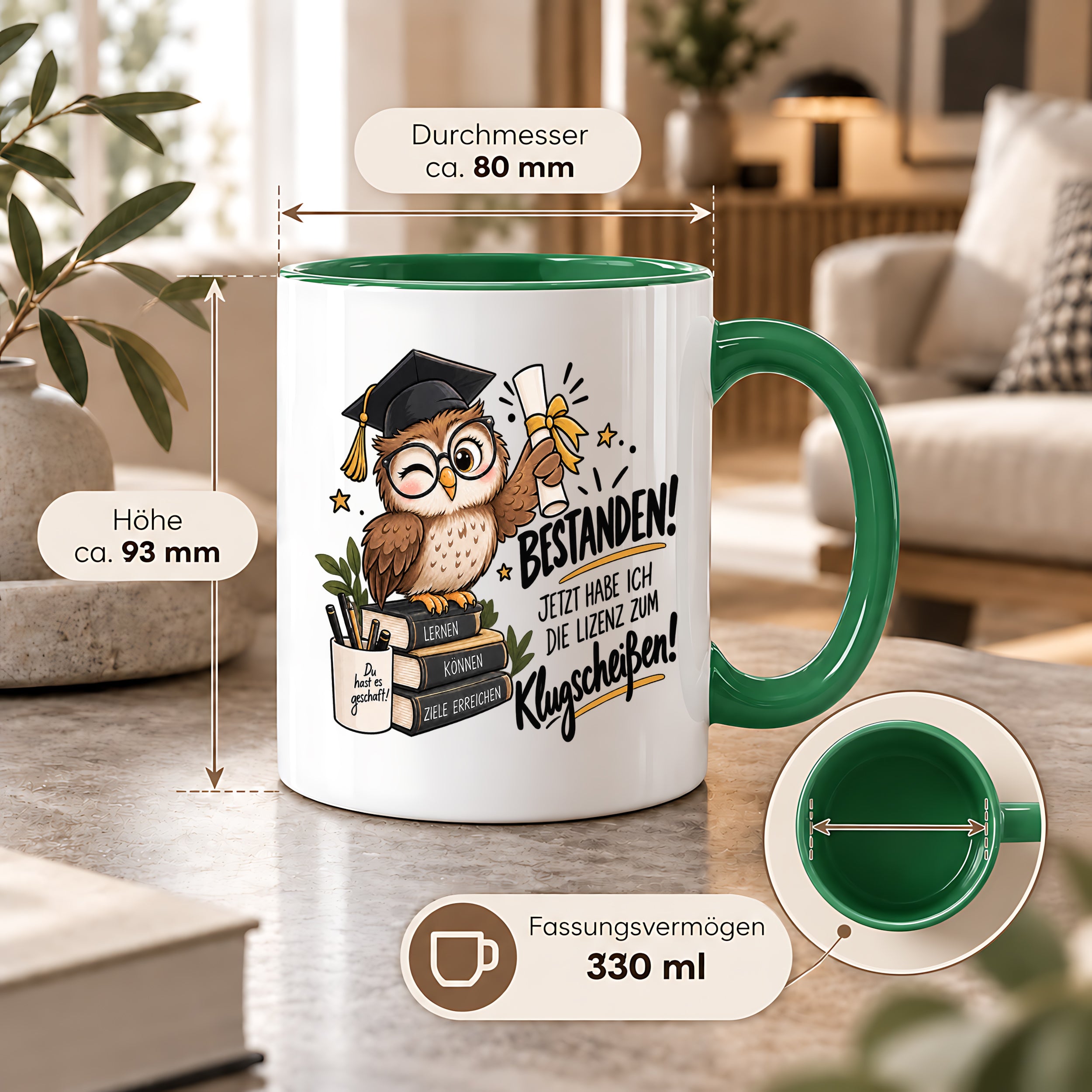 Herzbotschaft Tasse Prüfung bestanden Klugscheißen Geschenk 330 ml