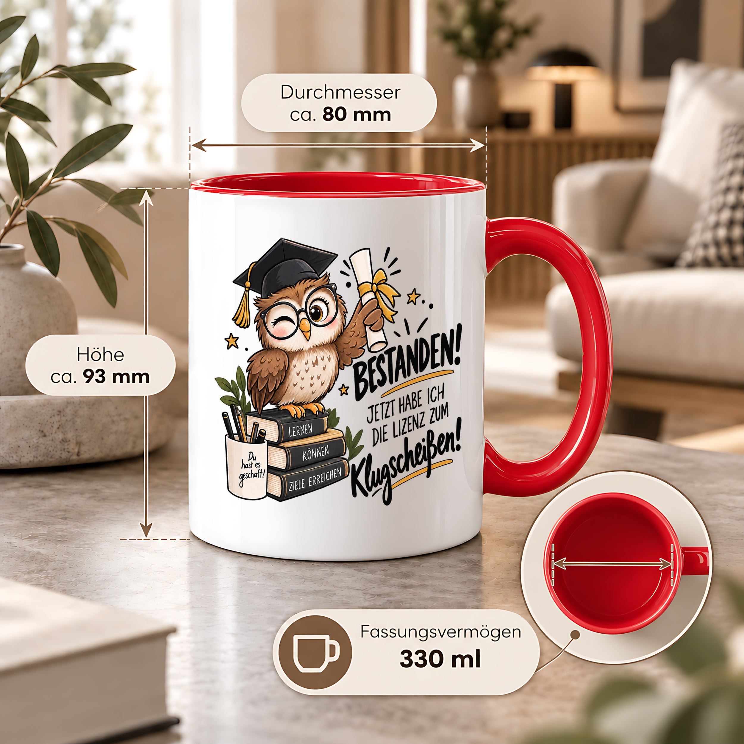 Herzbotschaft Tasse Prüfung bestanden Klugscheißen Geschenk 330 ml