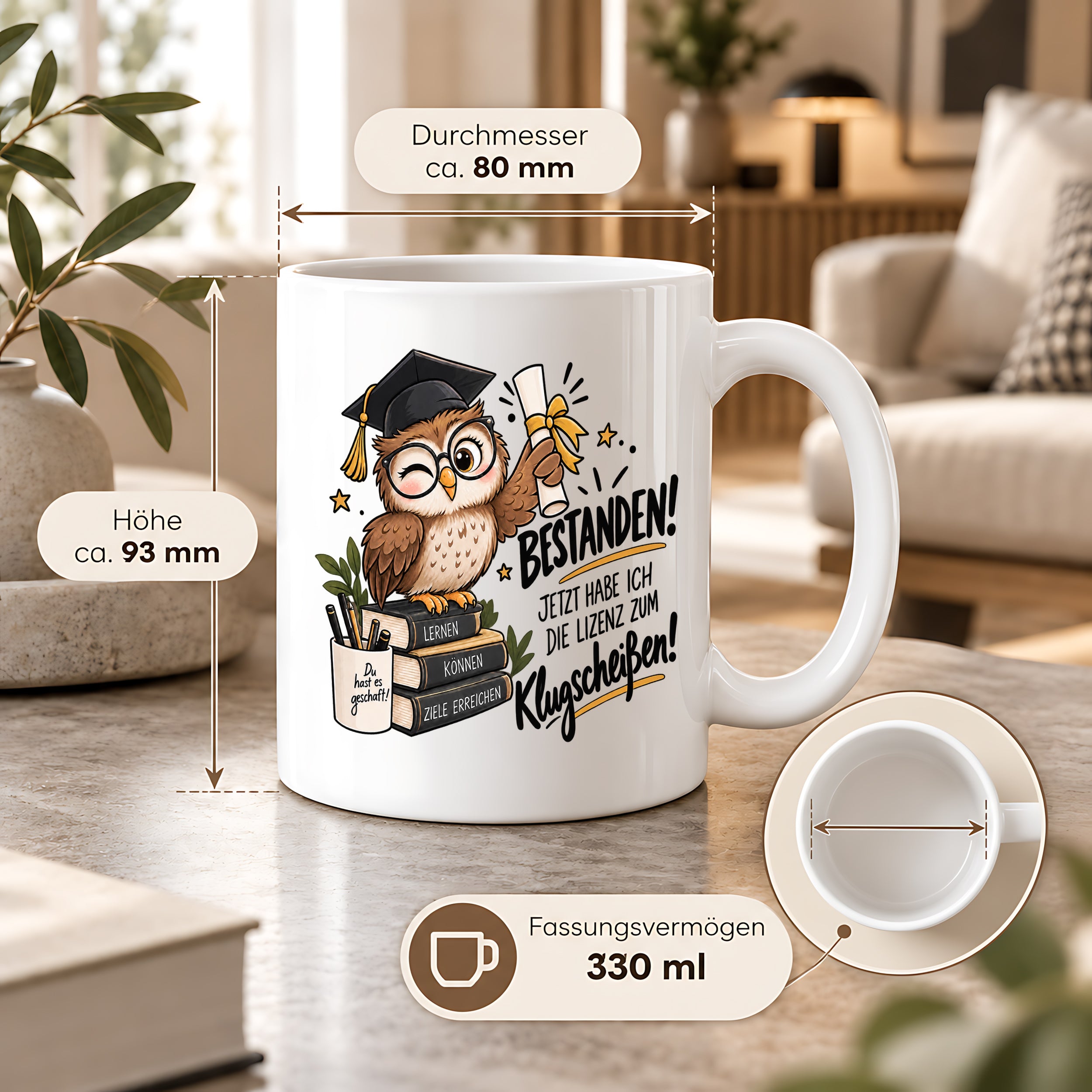 Herzbotschaft Tasse Prüfung bestanden Klugscheißen Geschenk 330 ml