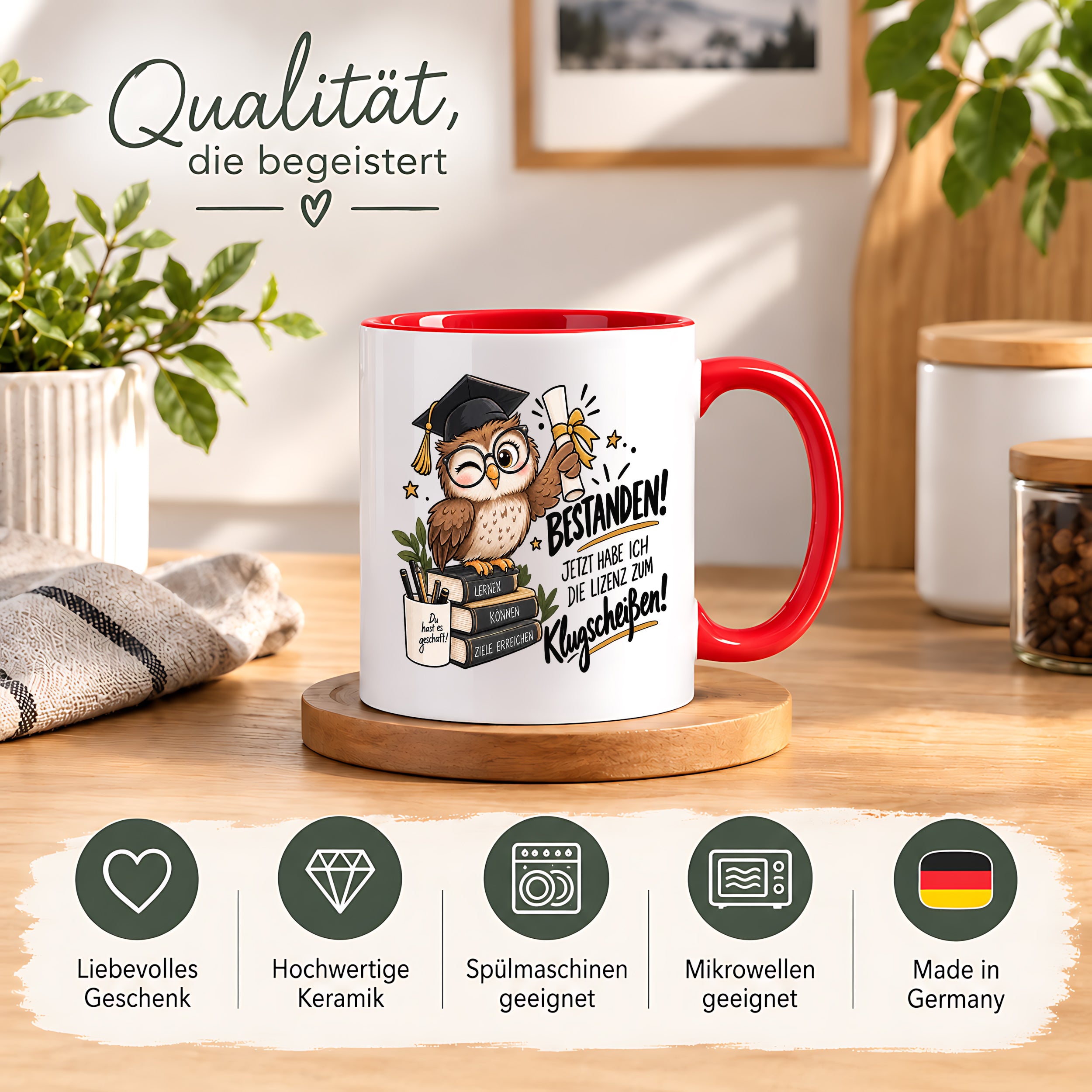 Herzbotschaft Tasse Prüfung bestanden Klugscheißen Geschenk 330 ml