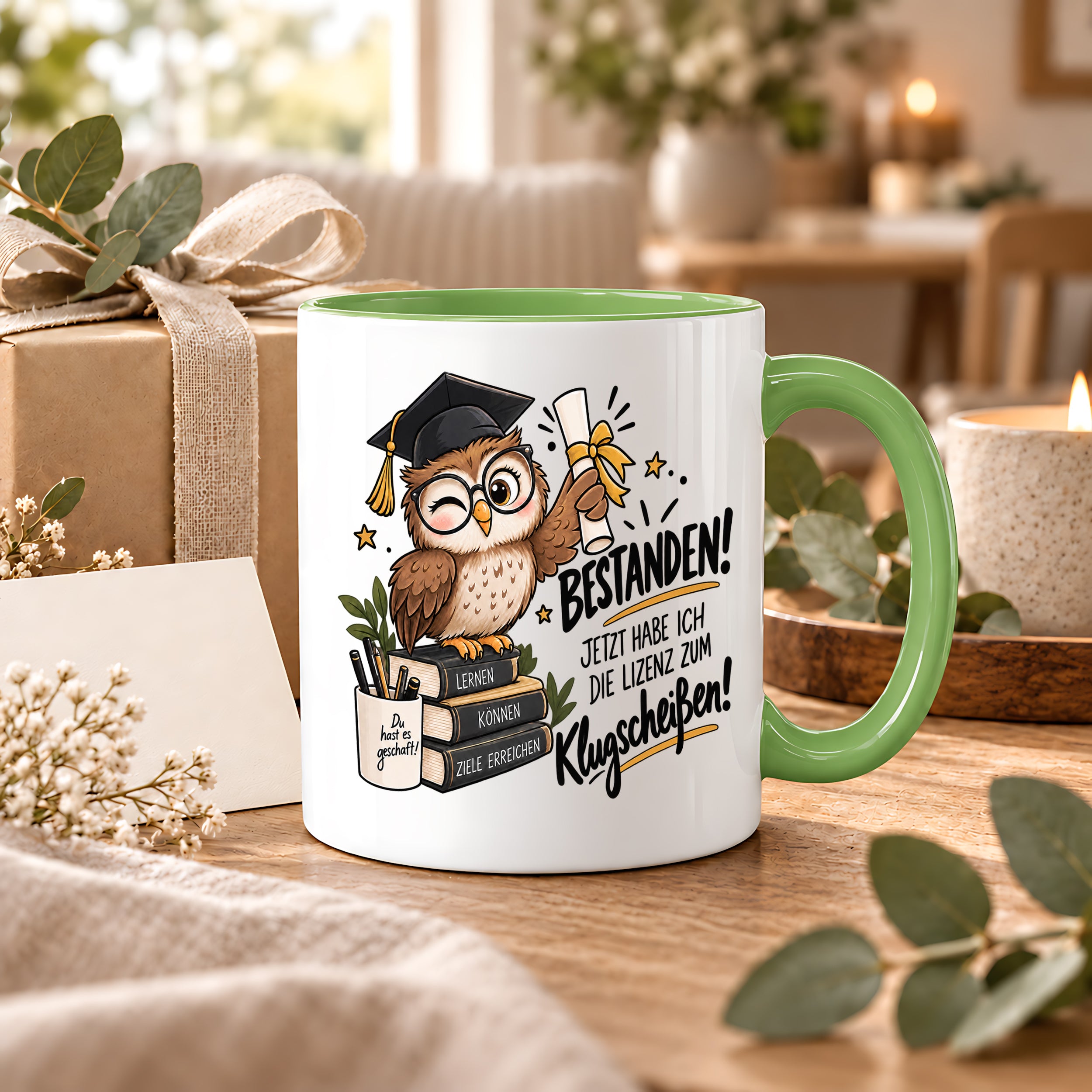 Herzbotschaft Tasse Prüfung bestanden Klugscheißen Geschenk 330 ml