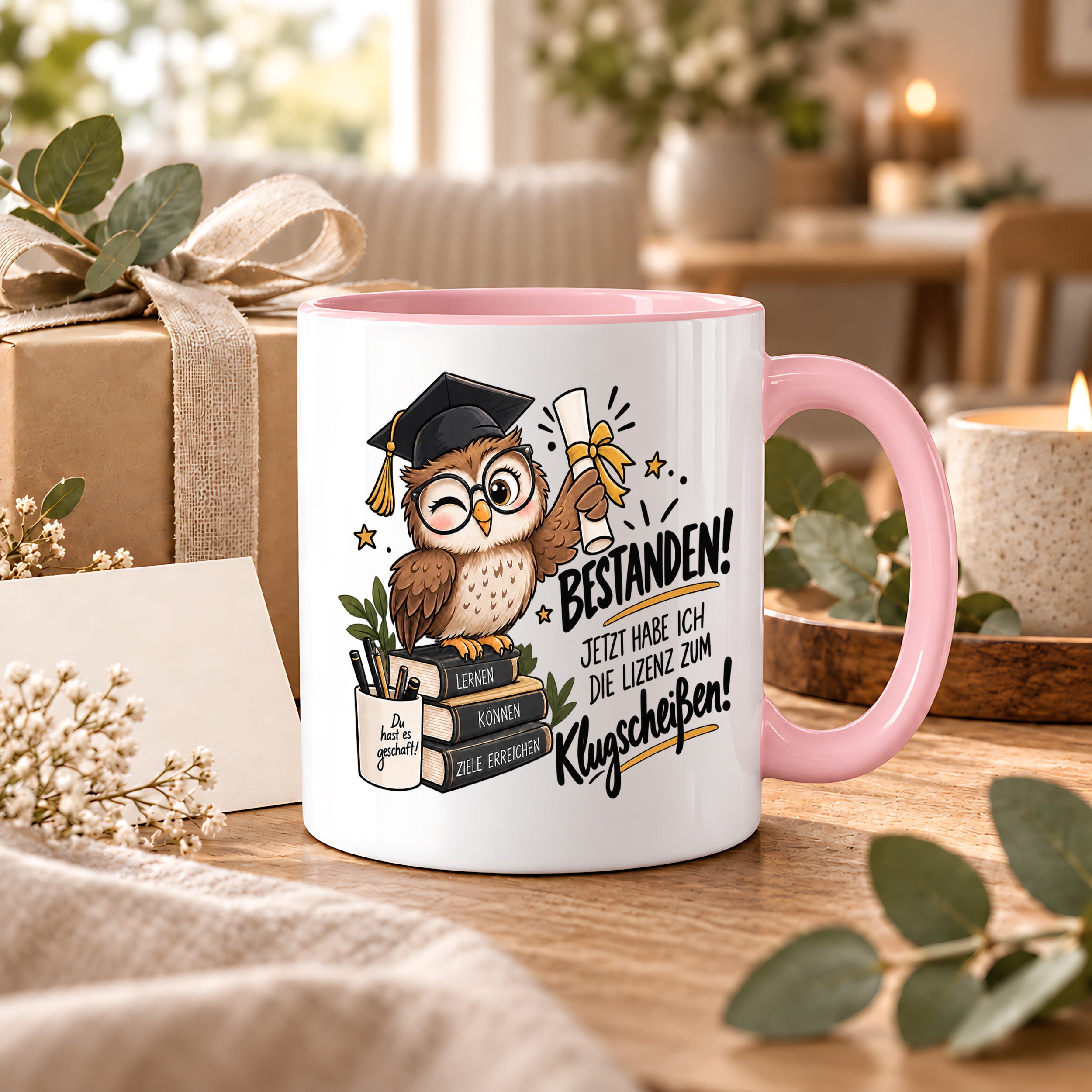 Herzbotschaft Tasse Prüfung bestanden Klugscheißen Geschenk 330 ml