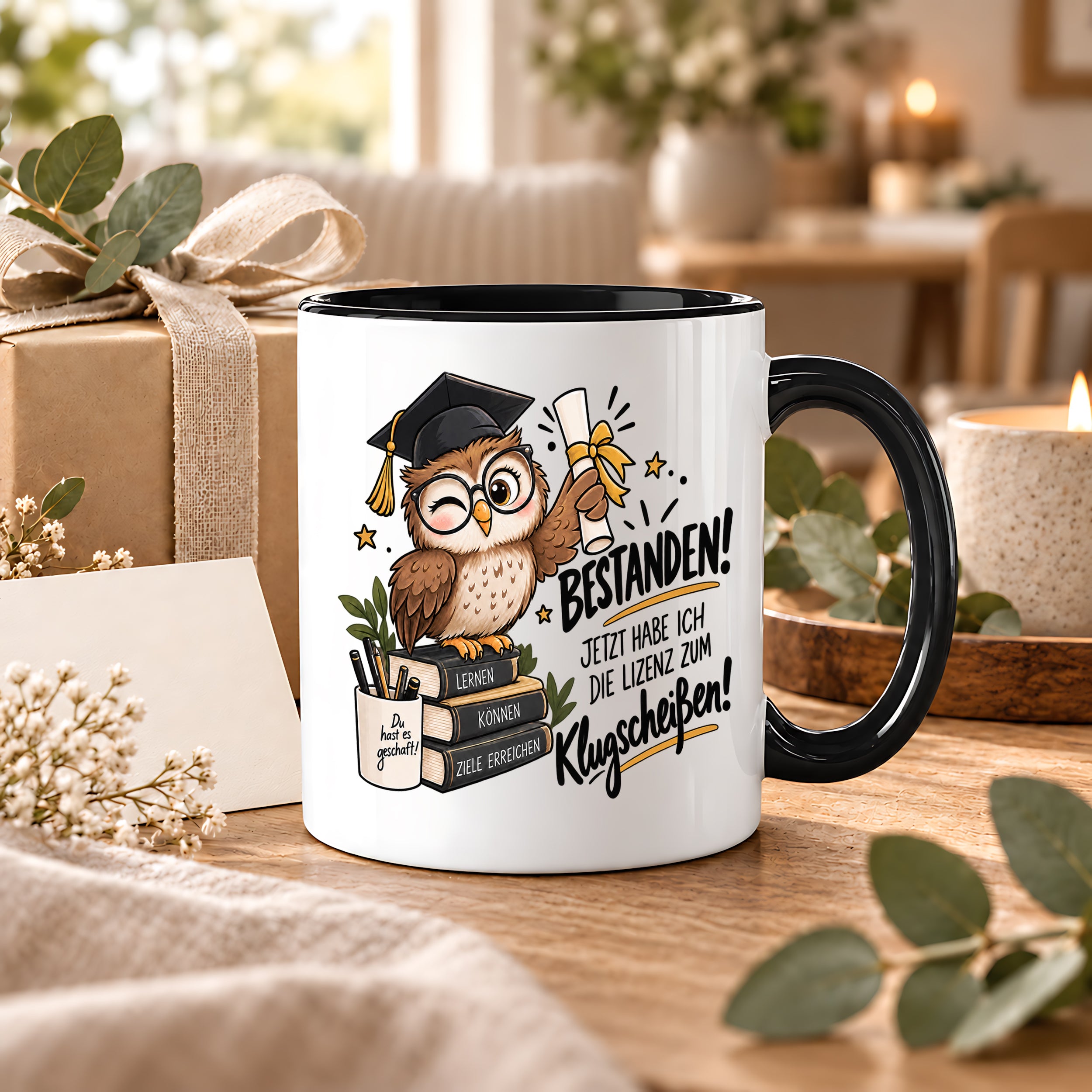 Herzbotschaft Tasse Prüfung bestanden Klugscheißen Geschenk 330 ml