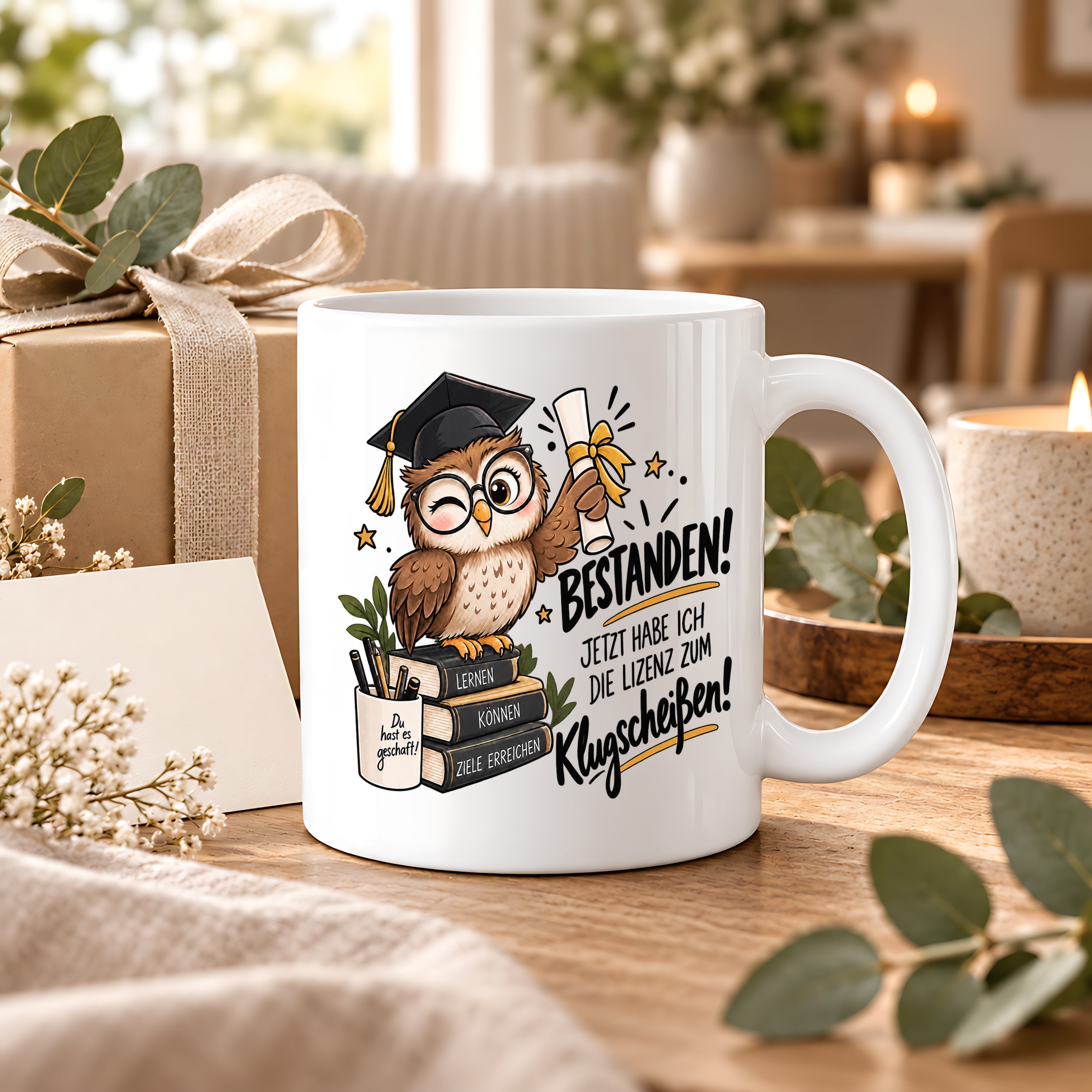 Herzbotschaft Tasse Prüfung bestanden Klugscheißen Geschenk 330 ml