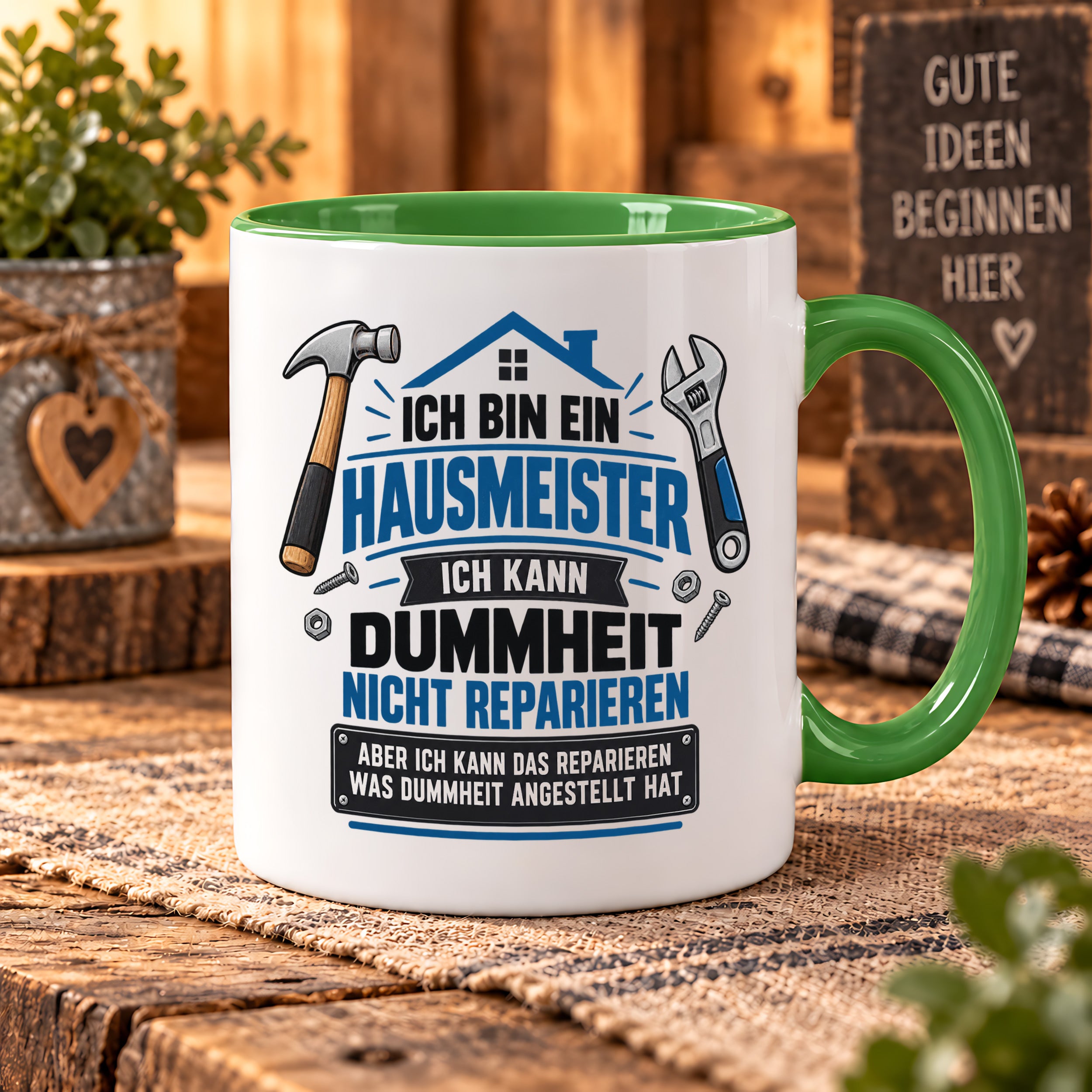 Herzbotschaft Tasse Hausmeister Geschenk Dummheit reparieren 330 ml
