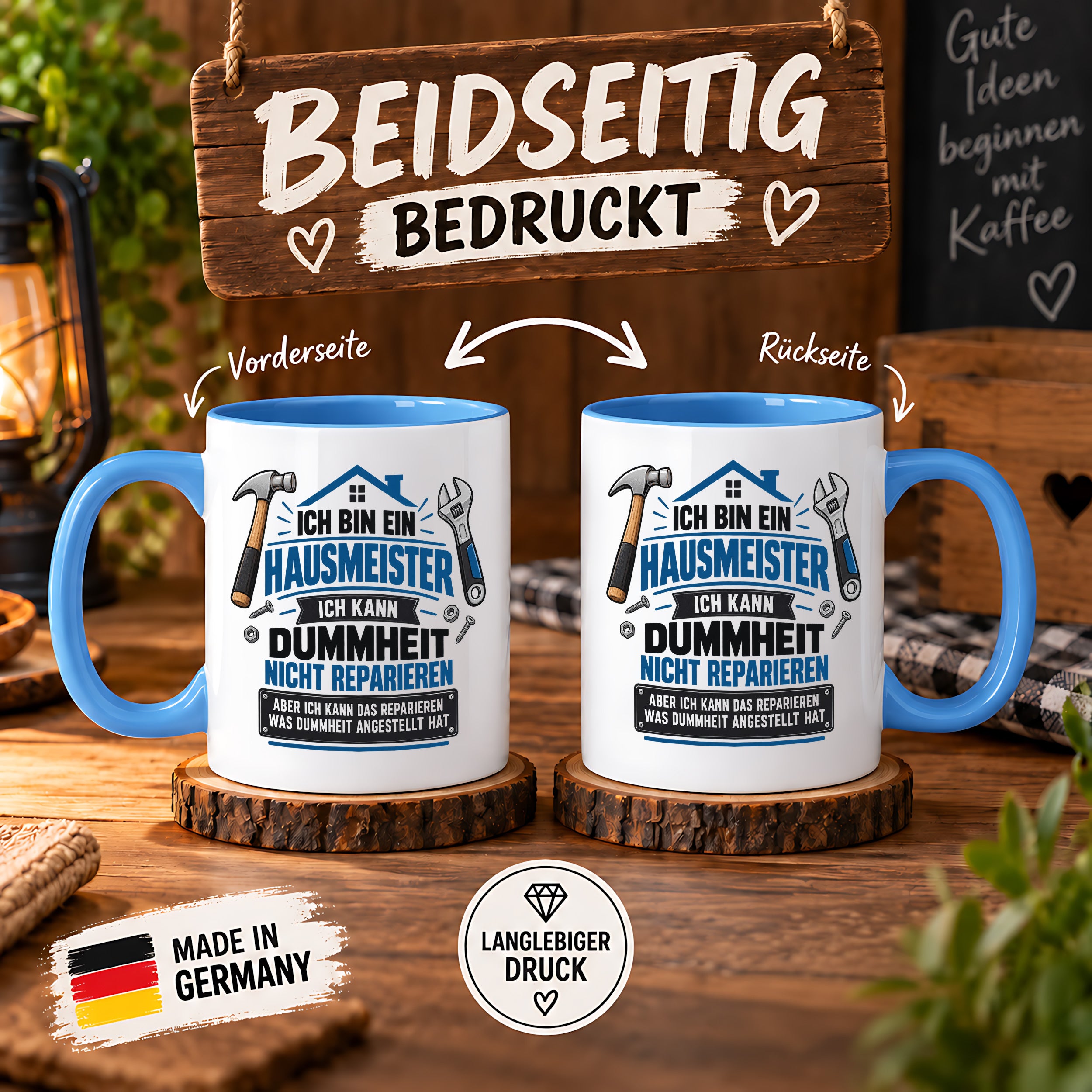 Herzbotschaft Tasse Hausmeister Geschenk Dummheit reparieren 330 ml