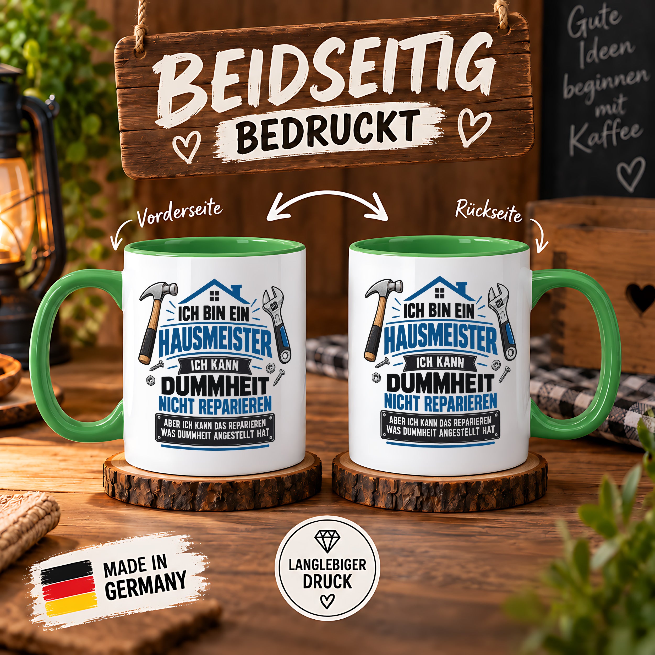 Herzbotschaft Tasse Hausmeister Geschenk Dummheit reparieren 330 ml
