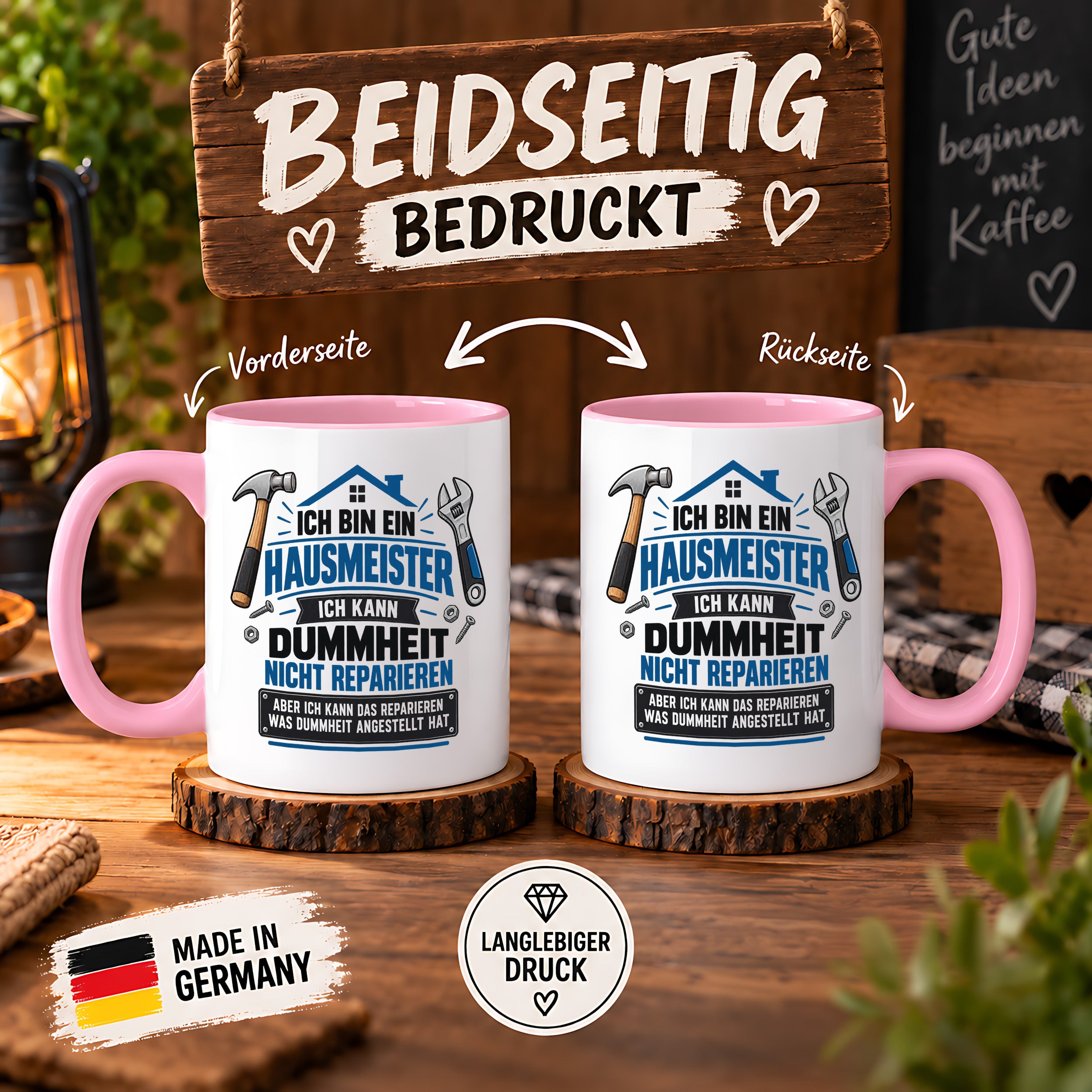 Herzbotschaft Tasse Hausmeister Geschenk Dummheit reparieren 330 ml