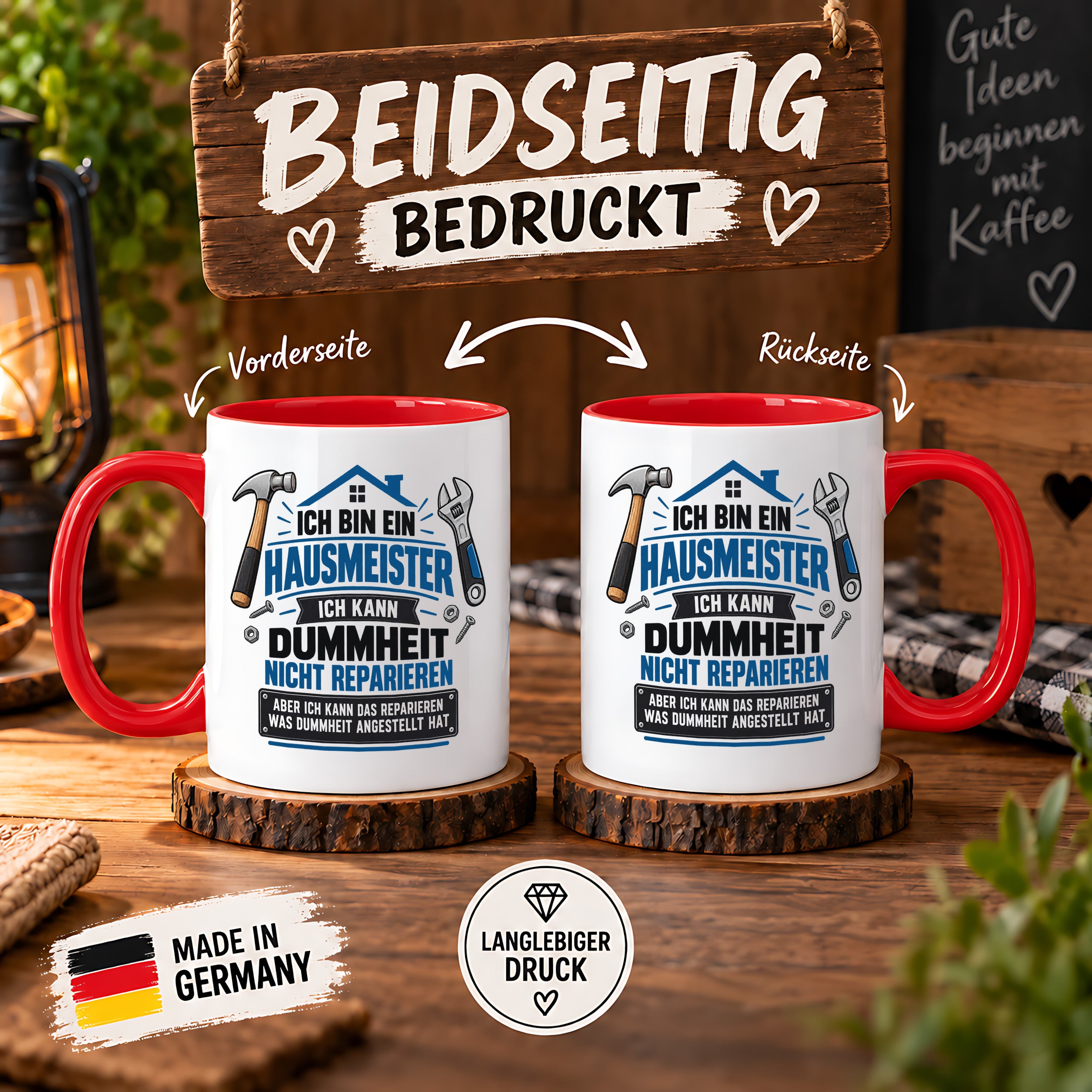 Herzbotschaft Tasse Hausmeister Geschenk Dummheit reparieren 330 ml