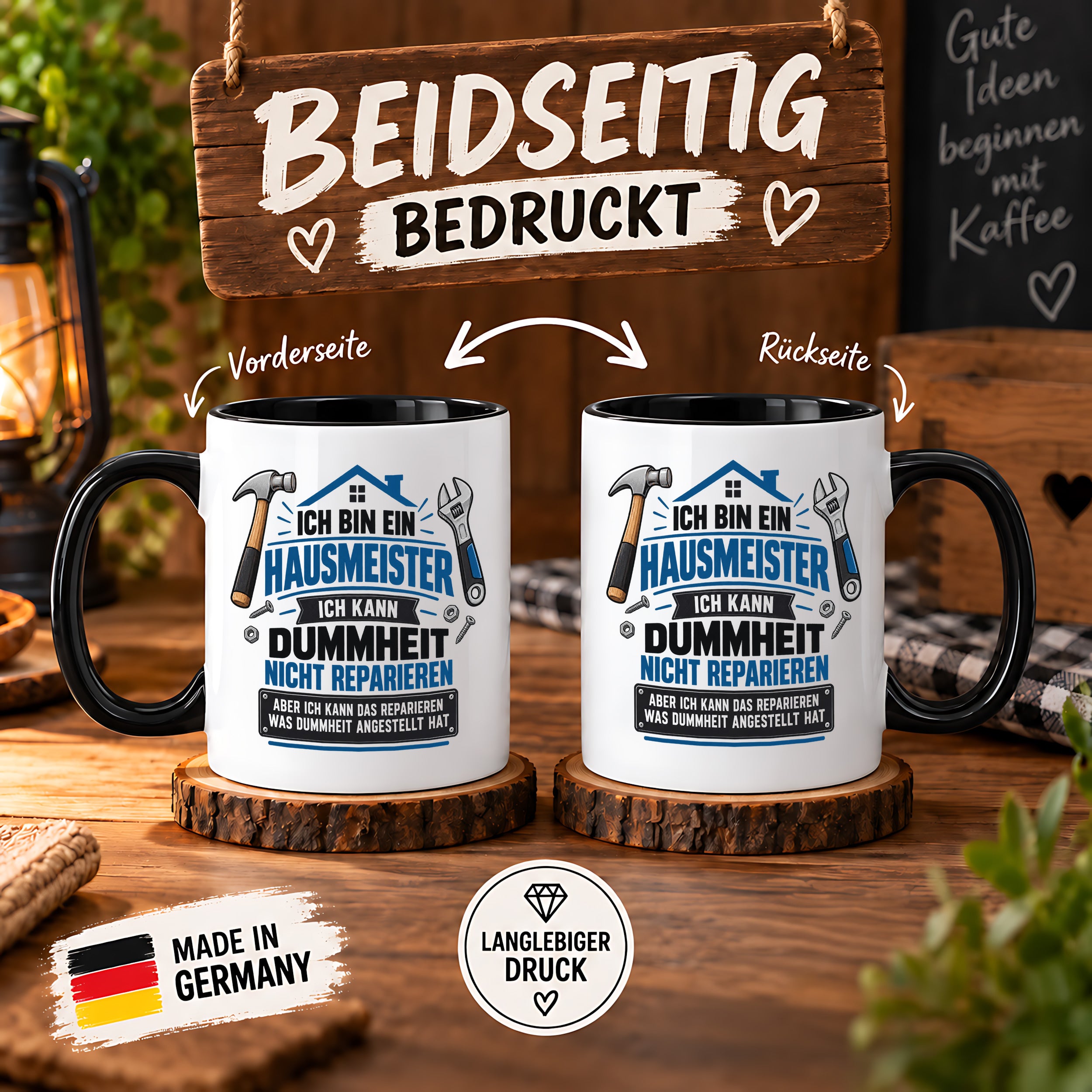 Herzbotschaft Tasse Hausmeister Geschenk Dummheit reparieren 330 ml