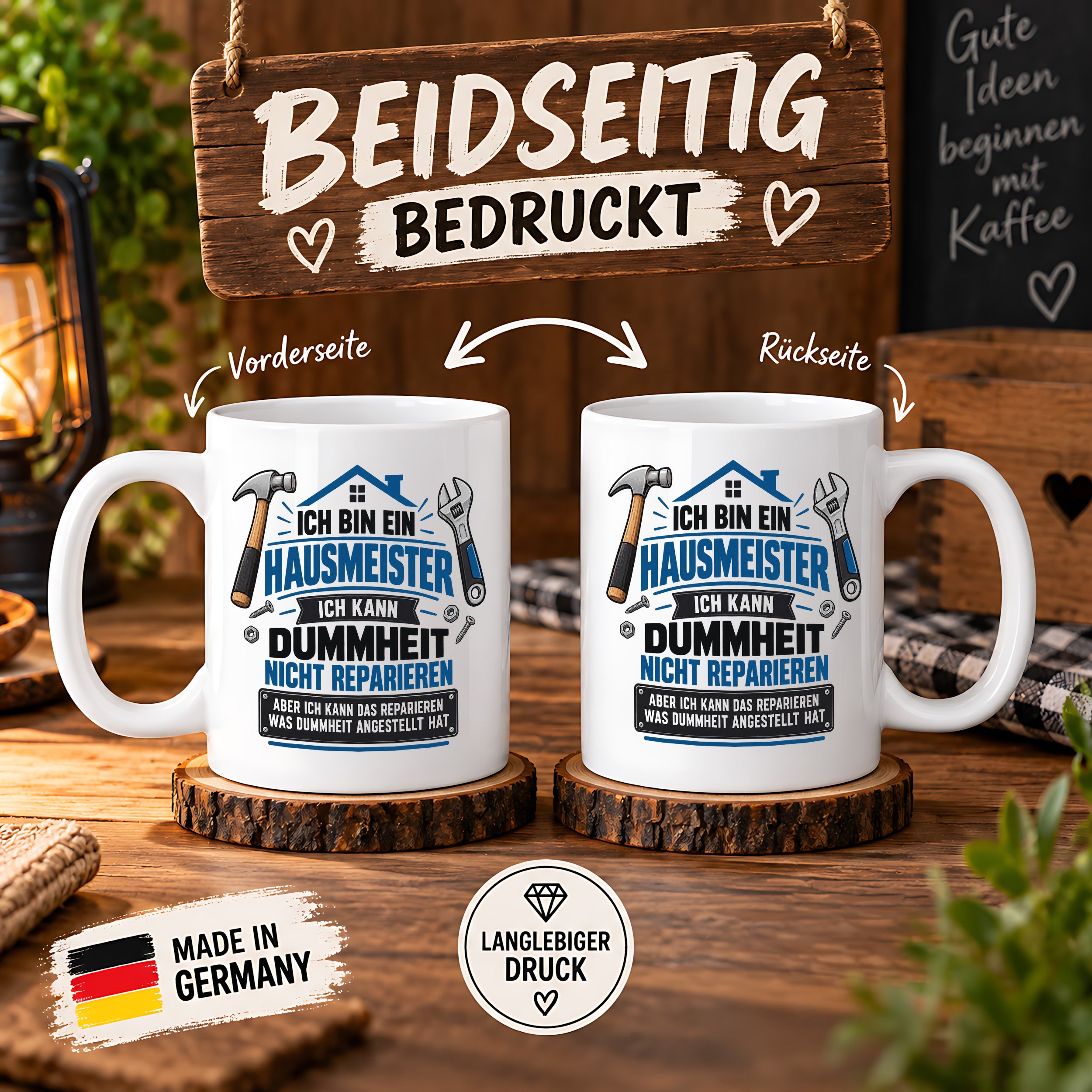 Herzbotschaft Tasse Hausmeister Geschenk Dummheit reparieren 330 ml