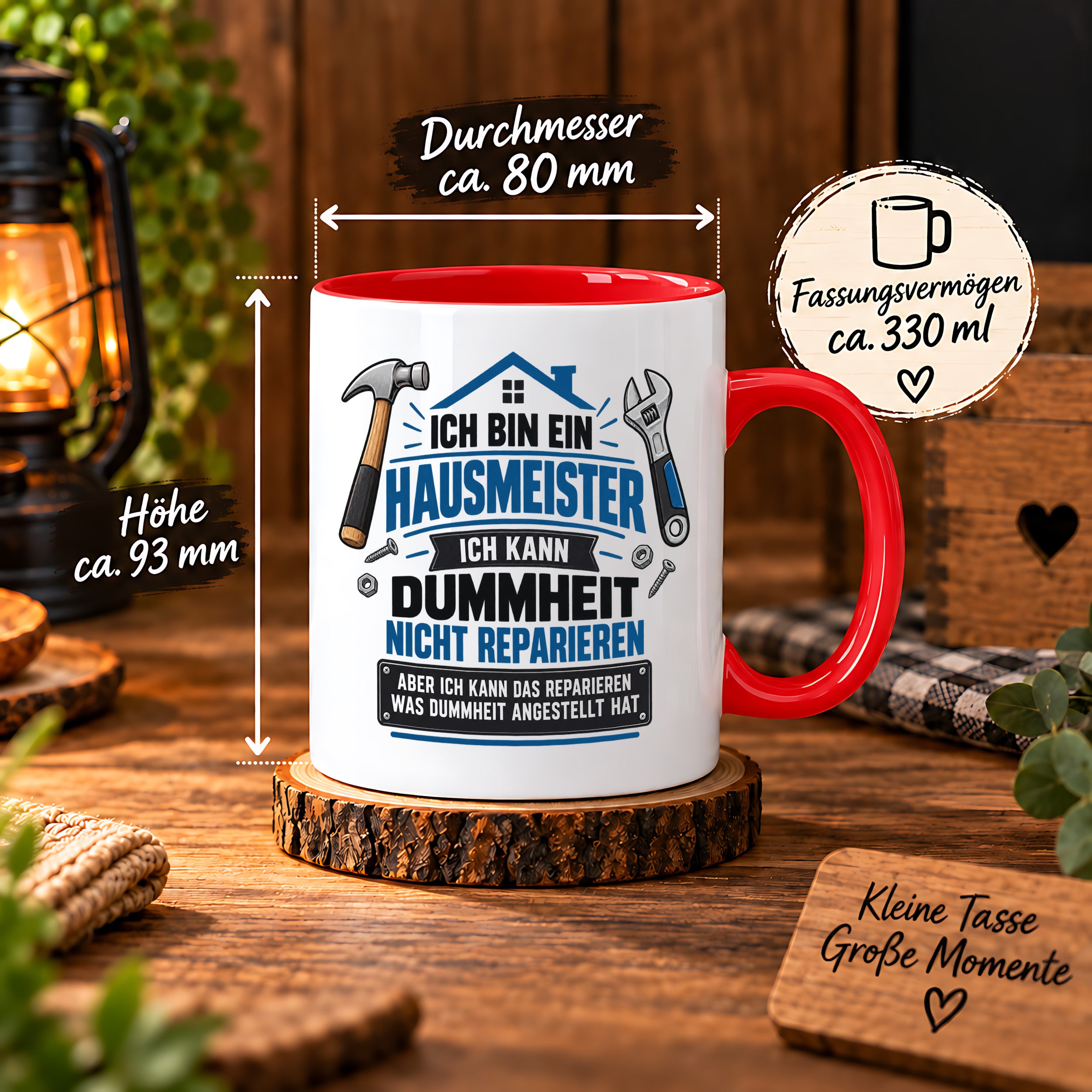 Herzbotschaft Tasse Hausmeister Geschenk Dummheit reparieren 330 ml