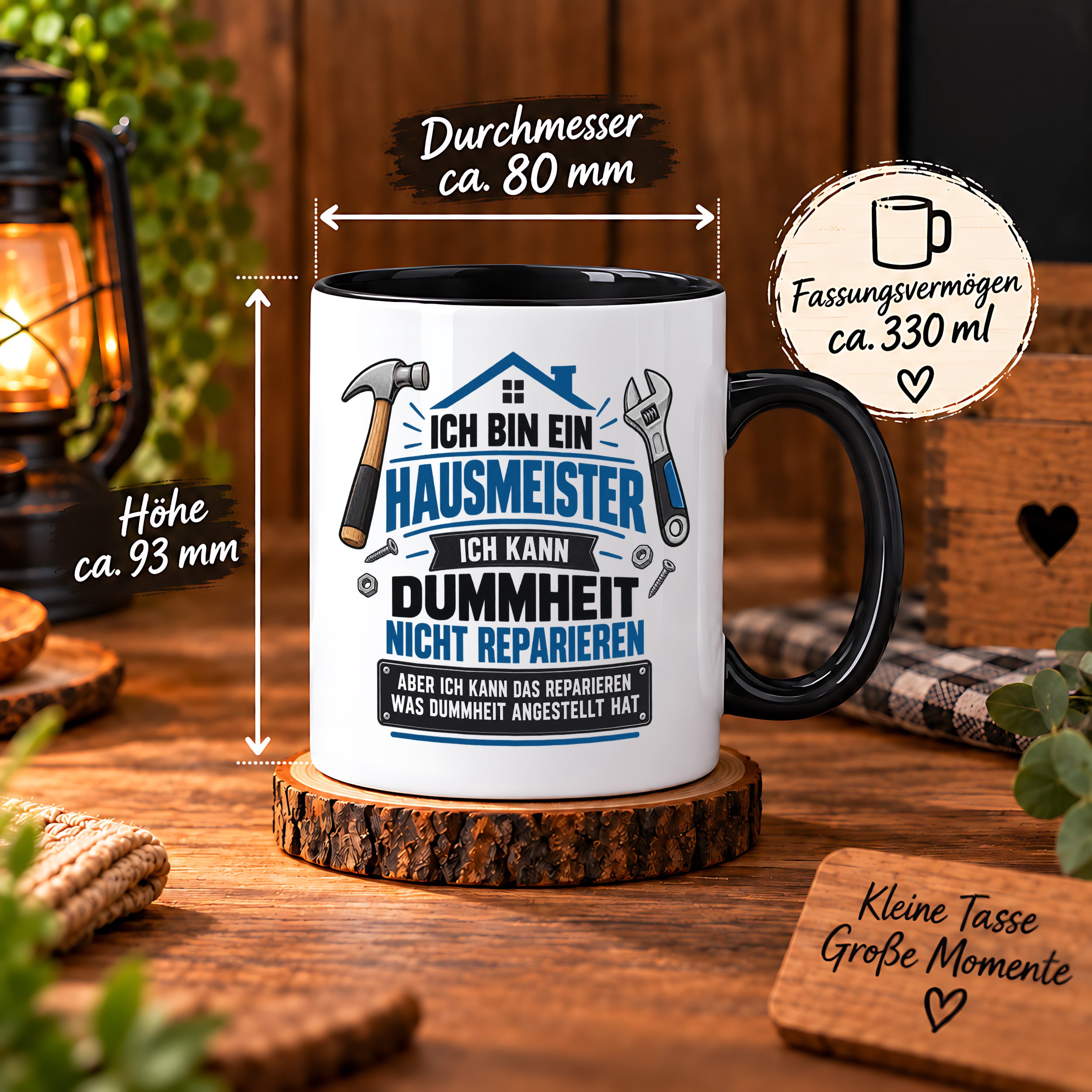 Herzbotschaft Tasse Hausmeister Geschenk Dummheit reparieren 330 ml