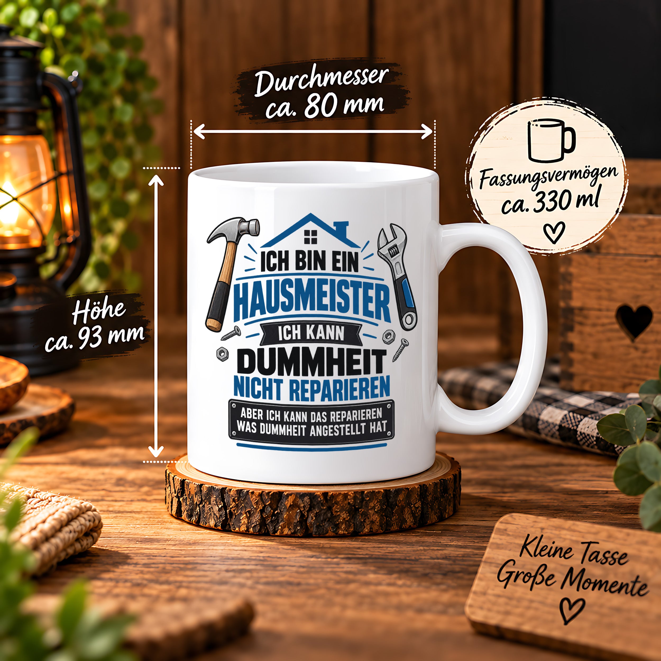 Herzbotschaft Tasse Hausmeister Geschenk Dummheit reparieren 330 ml