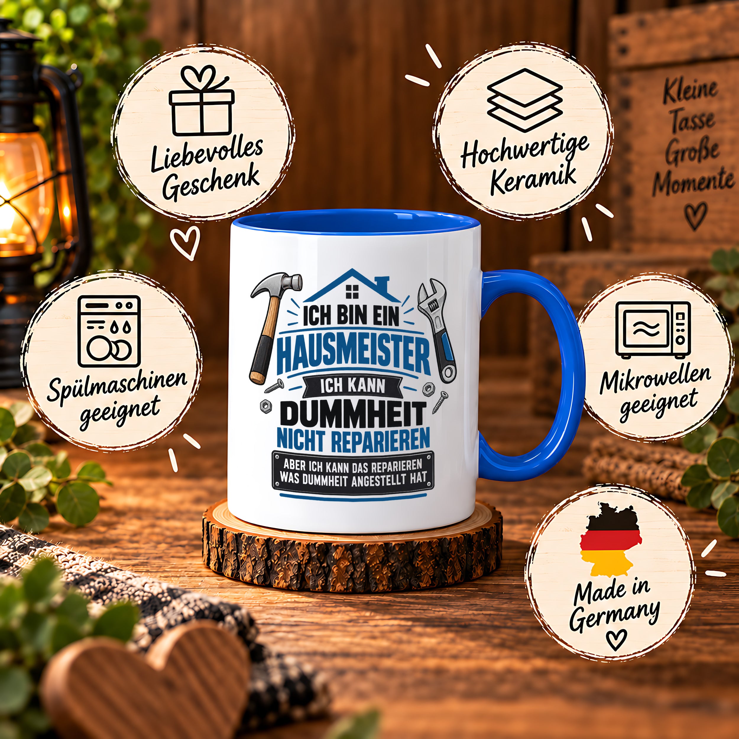 Herzbotschaft Tasse Hausmeister Geschenk Dummheit reparieren 330 ml