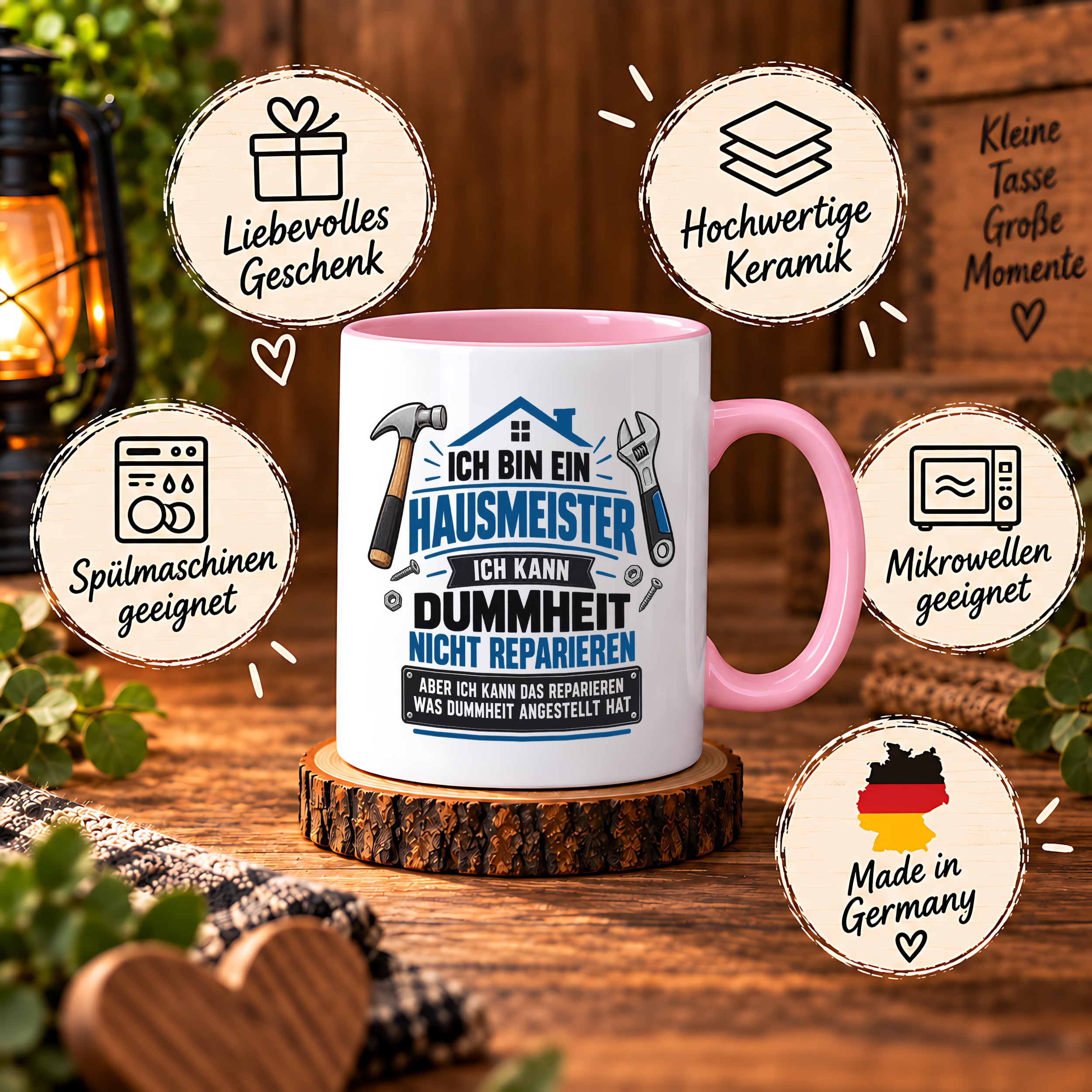 Herzbotschaft Tasse Hausmeister Geschenk Dummheit reparieren 330 ml
