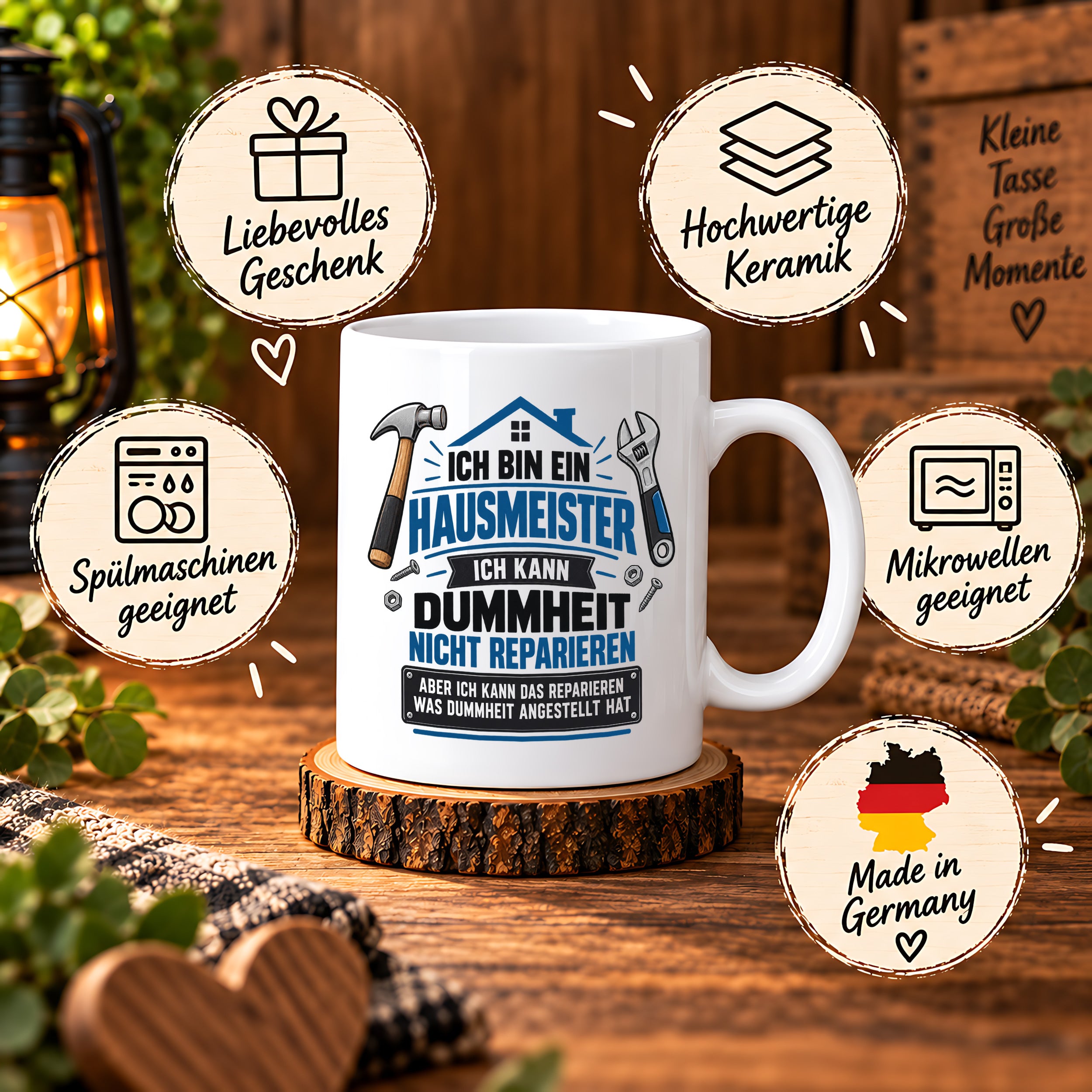 Herzbotschaft Tasse Hausmeister Geschenk Dummheit reparieren 330 ml