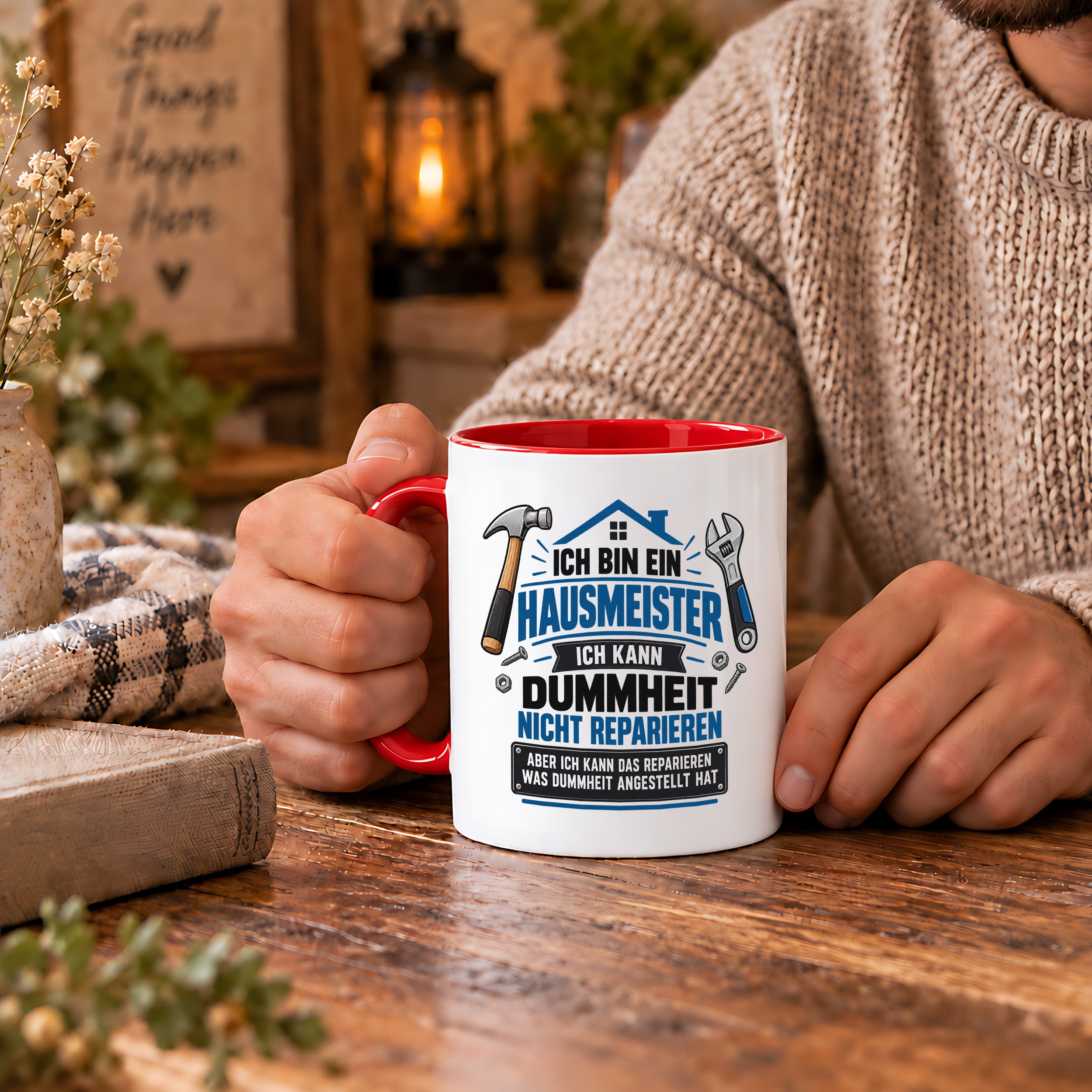 Herzbotschaft Tasse Hausmeister Geschenk Dummheit reparieren 330 ml