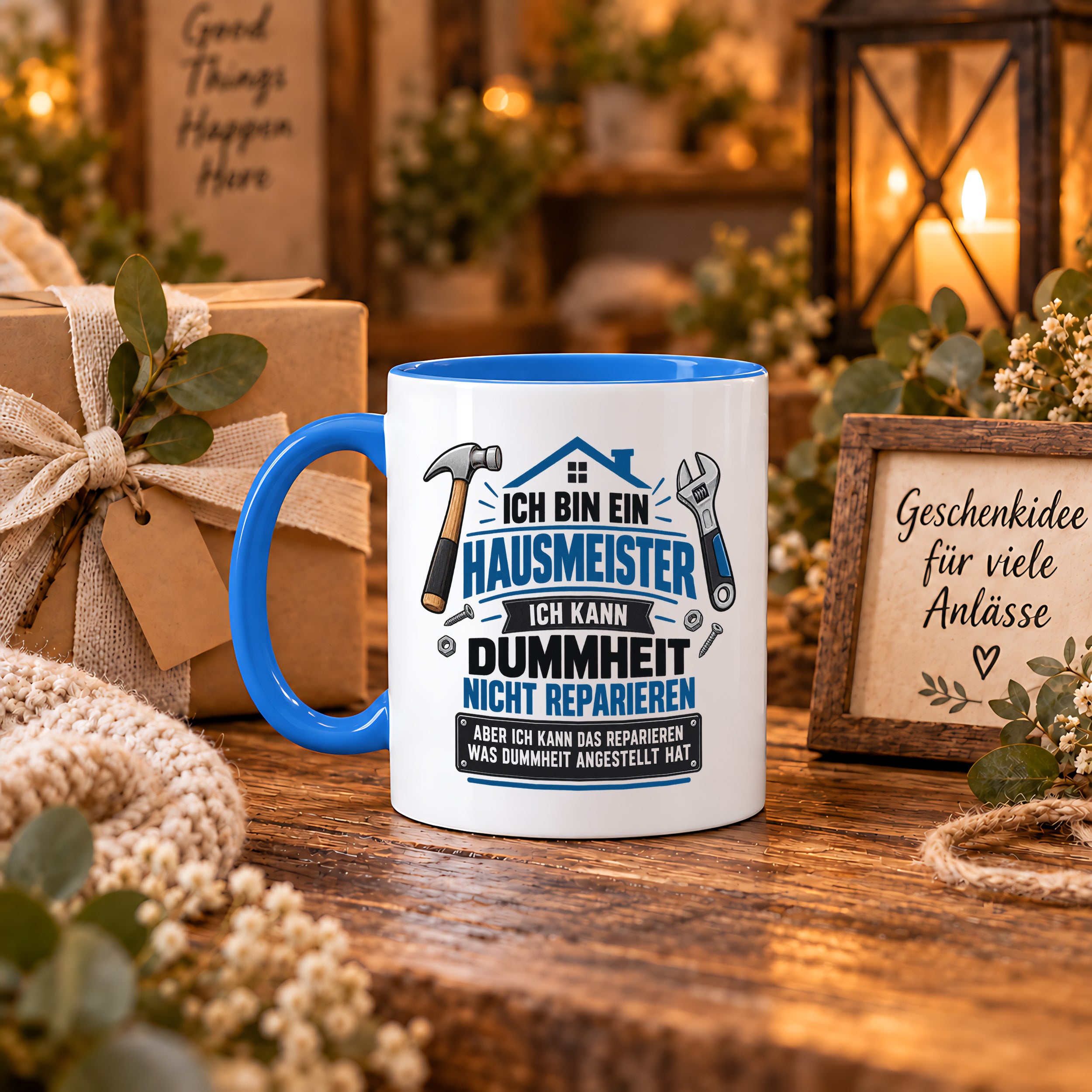 Herzbotschaft Tasse Hausmeister Geschenk Dummheit reparieren 330 ml