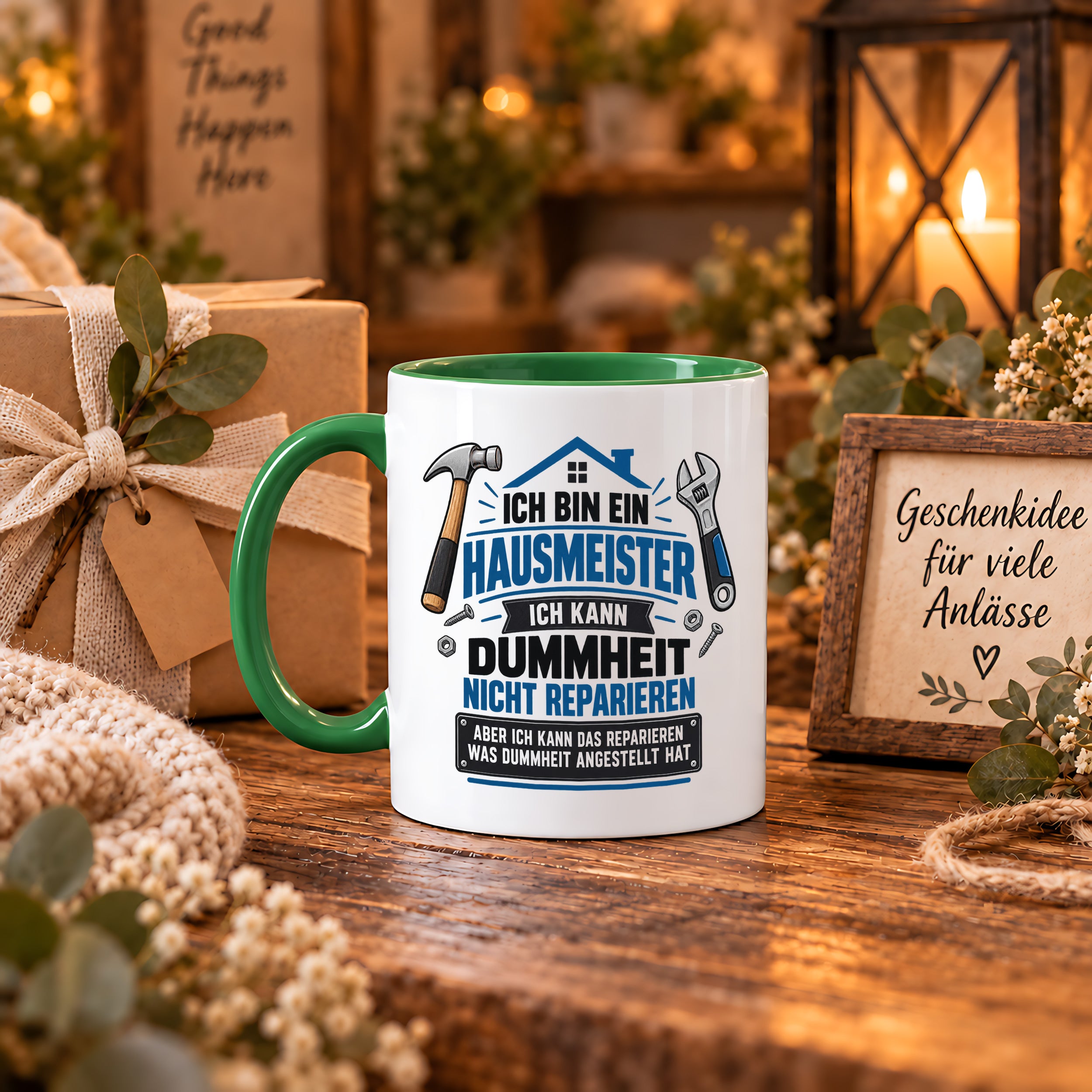 Herzbotschaft Tasse Hausmeister Geschenk Dummheit reparieren 330 ml