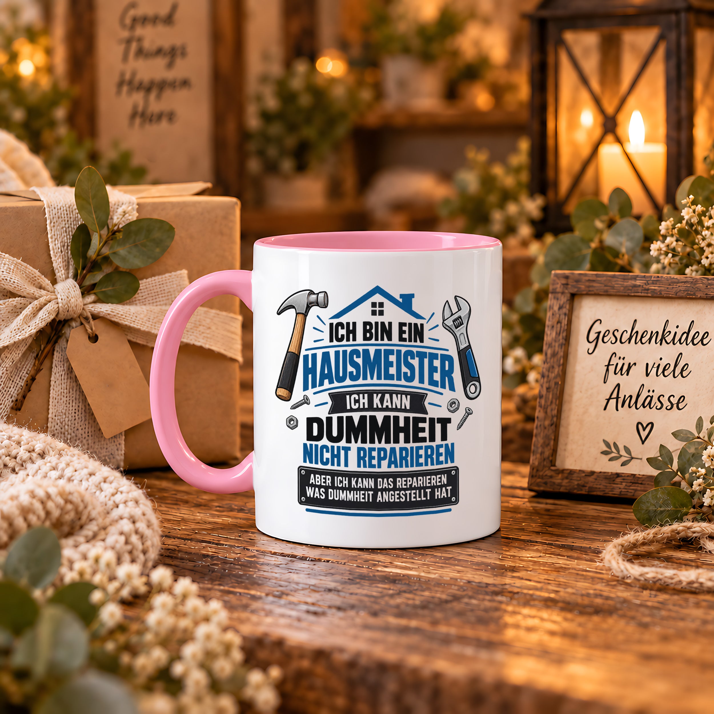 Herzbotschaft Tasse Hausmeister Geschenk Dummheit reparieren 330 ml